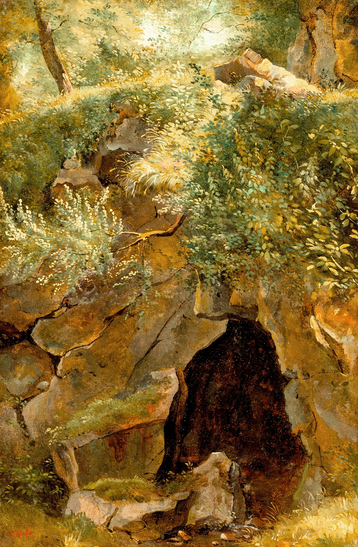 The Cave by Théodore Rousseau, oil painting depicting a cave entrance with trees and sunlight.