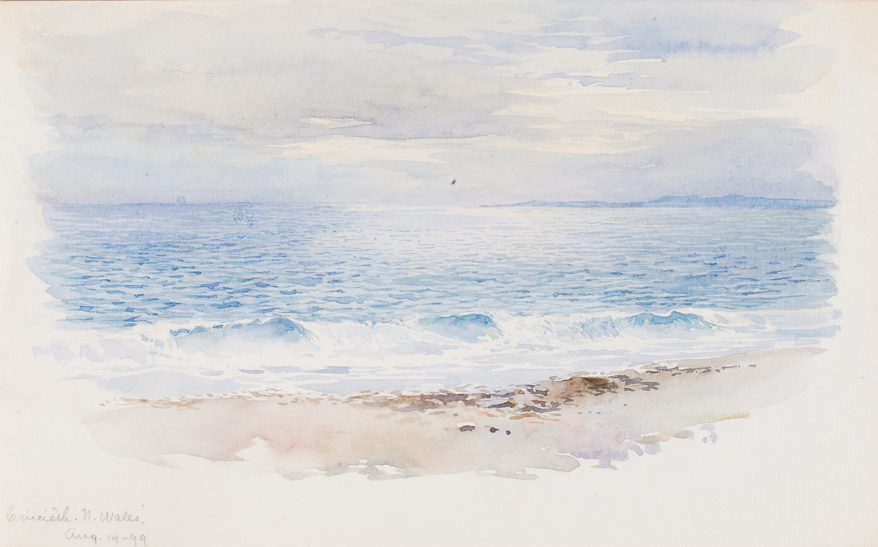 Criccieth, N. Wales oil painting by George Elbert Burr showing gentle waves and a tranquil landscape.