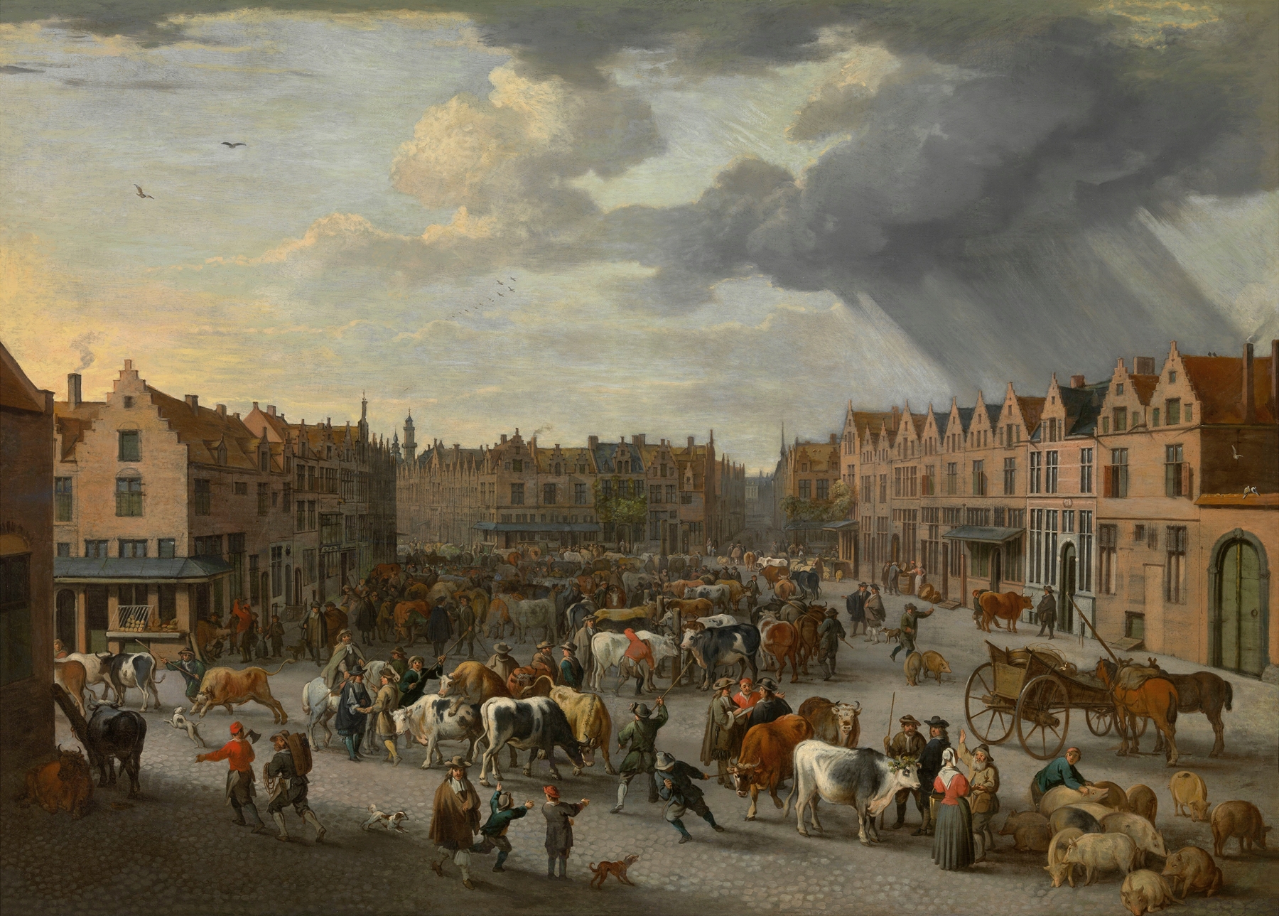 Genre scene of a bustling market in Antwerp, oil on canvas by Peeter van Bredael