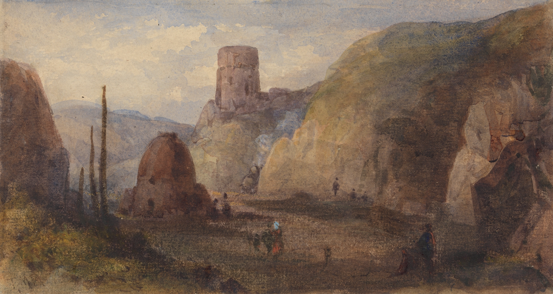Rocky landscape with a fort, oil on canvas by Thomas Miles Richardson