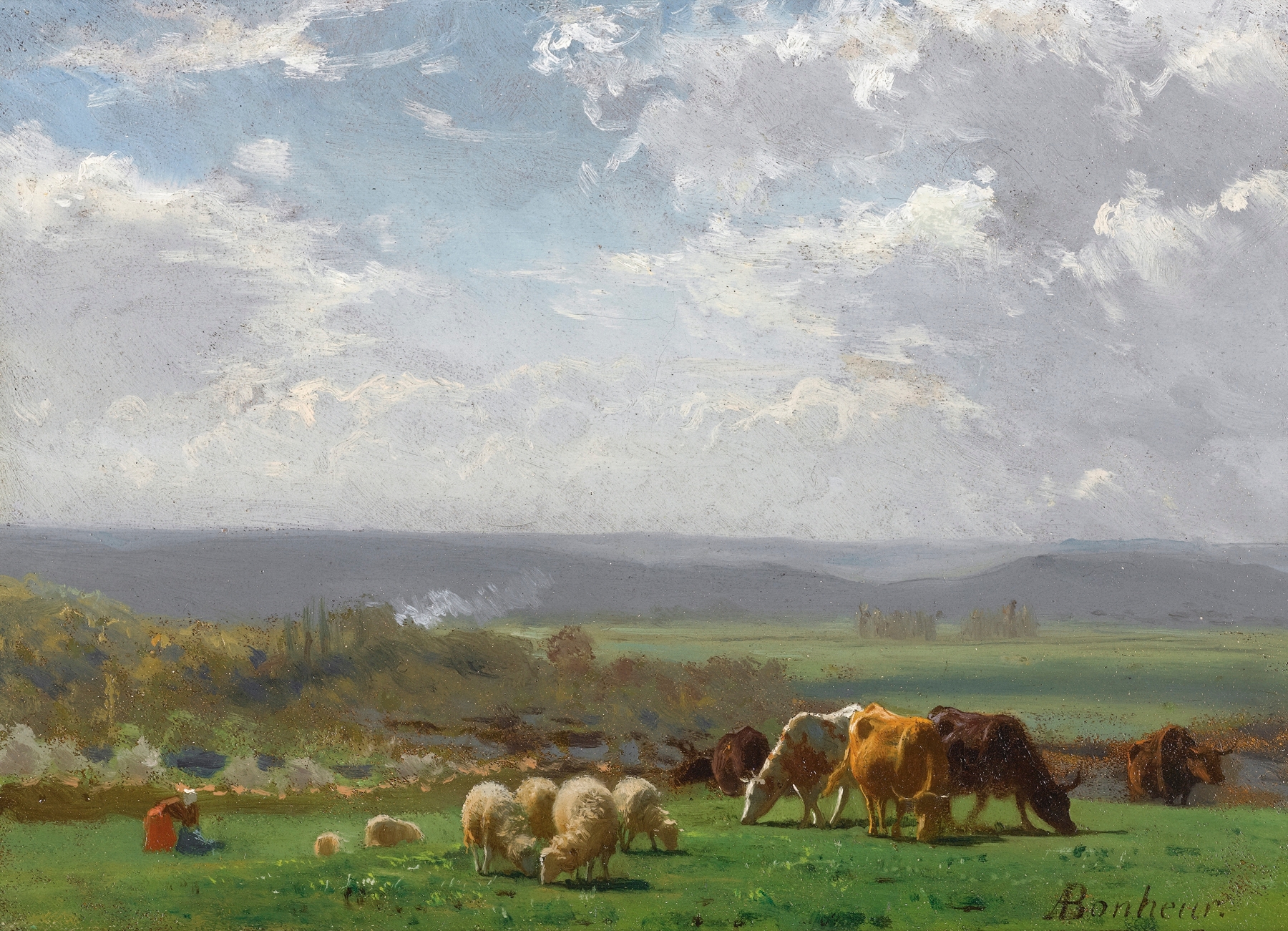 Landscape of rolling hills in Paturage En Auvergne by Auguste Bonheur, oil on canvas