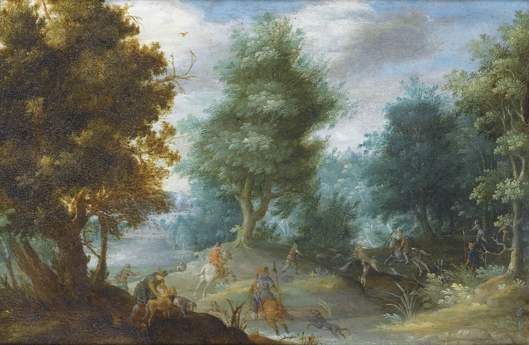 Chasse à courre by Mattheus Molanus, oil on canvas depicting a hunting scene with horses in a forest.