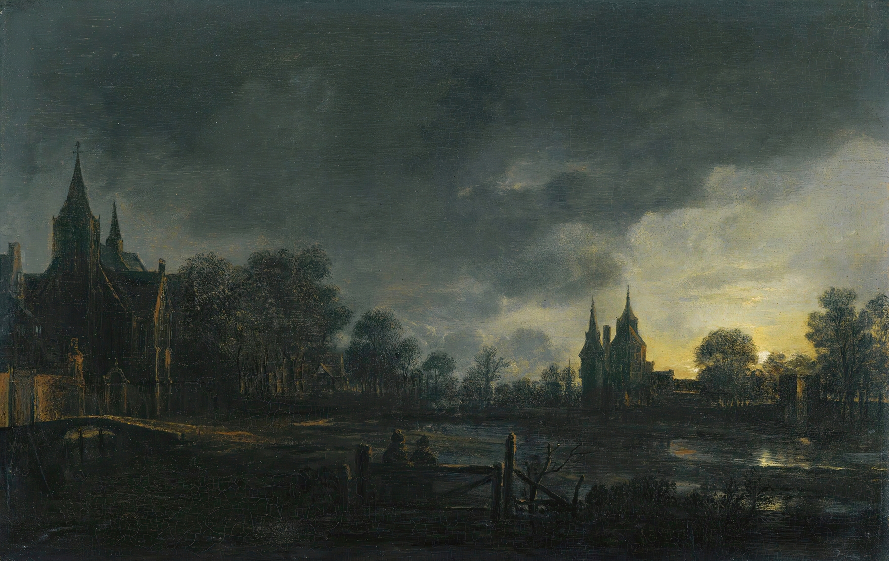 A Moonlit River Landscape With Figures Standing By A Gate, A Village Beyond, by Aert van der Neer, public domain