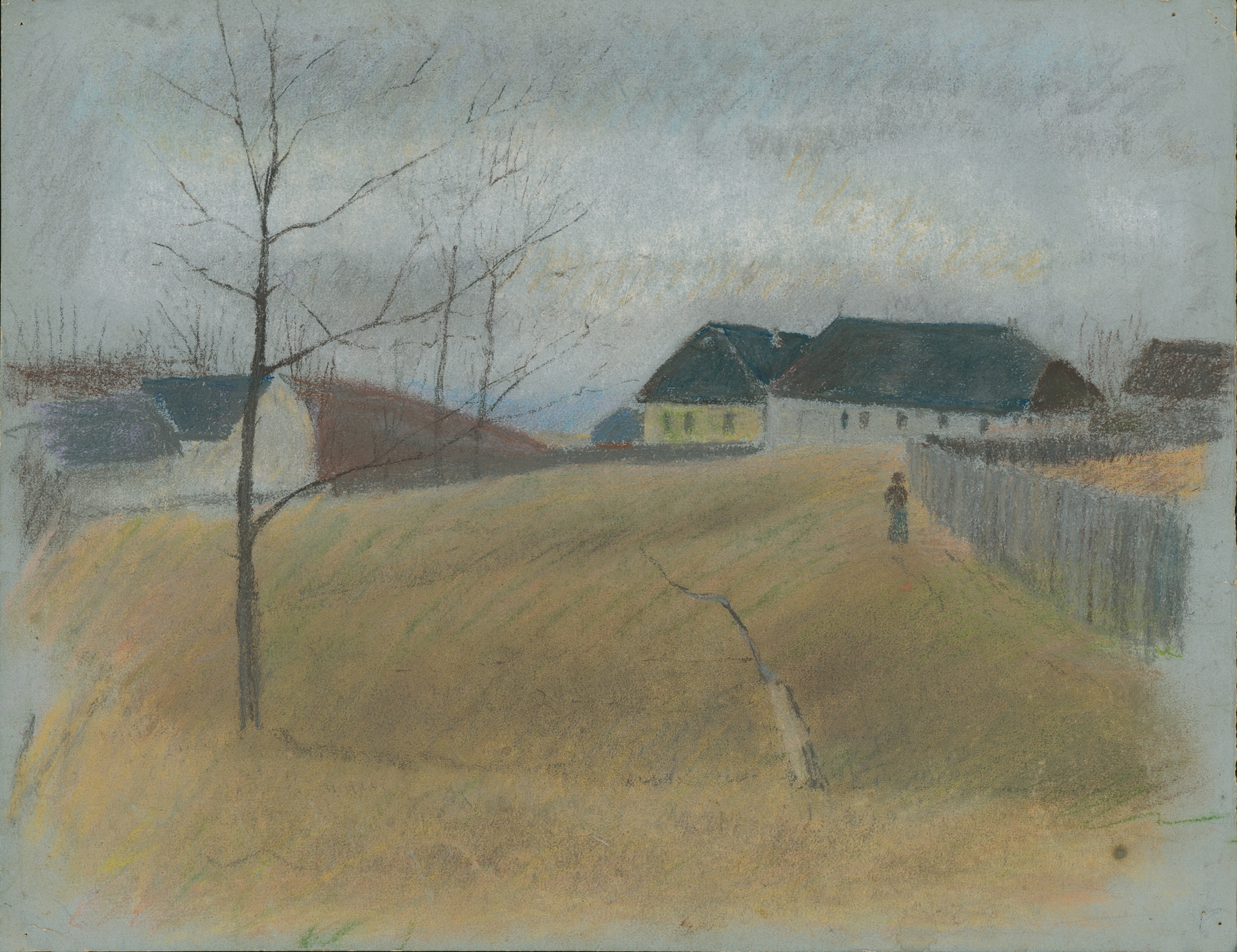 Na konci dediny, oil on canvas by Ladislav Mednyánszky, depicting a village path under golden light.