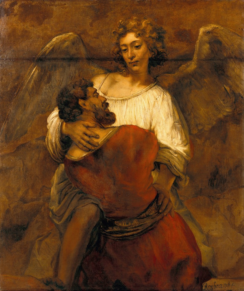 Rembrandt's 'Jacob Wrestling with the Angel' captures a dramatic biblical moment.