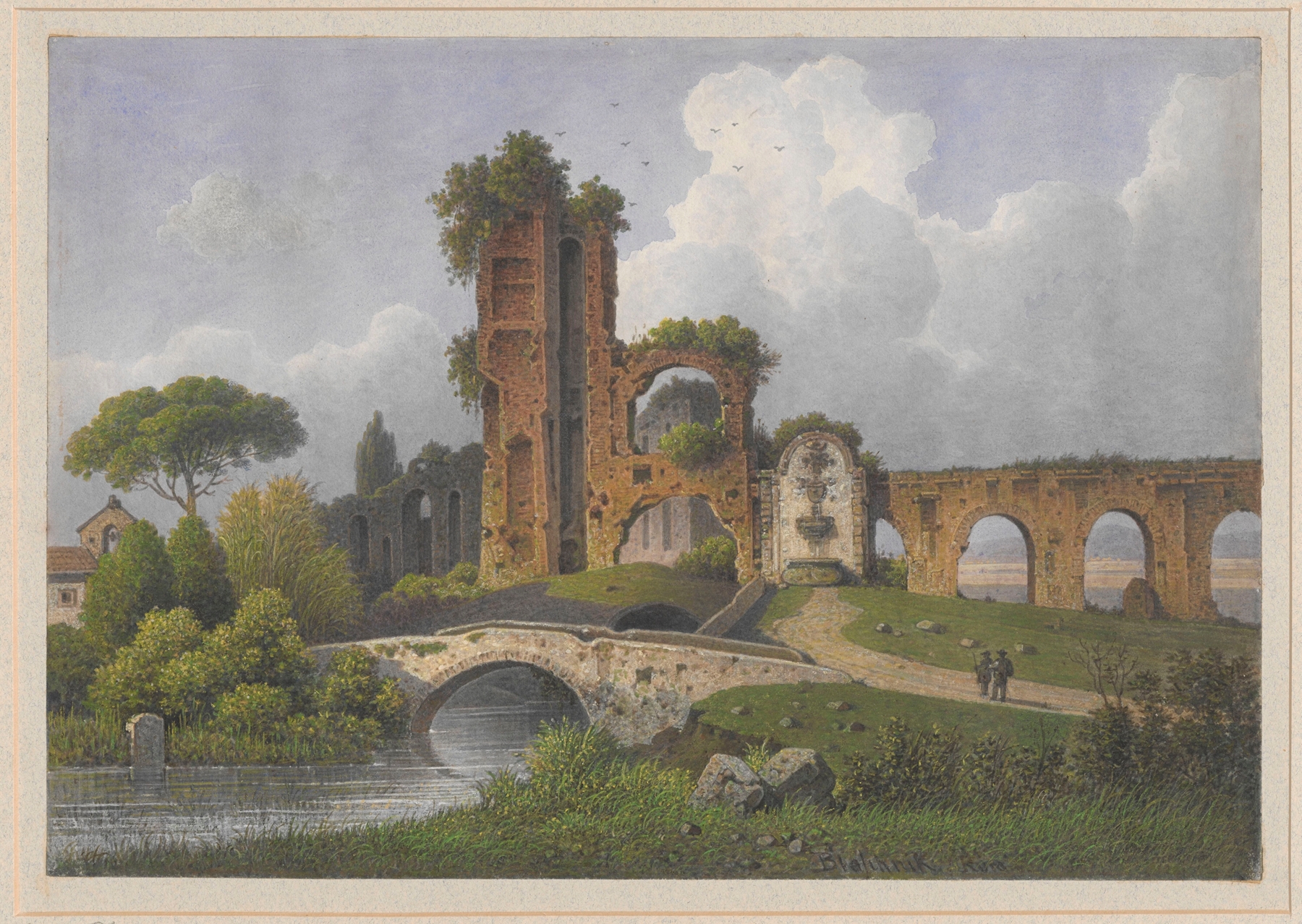View of Porta Furba in Rome, oil on canvas by Arthur Blaschnik, featuring an arch and a sunset.