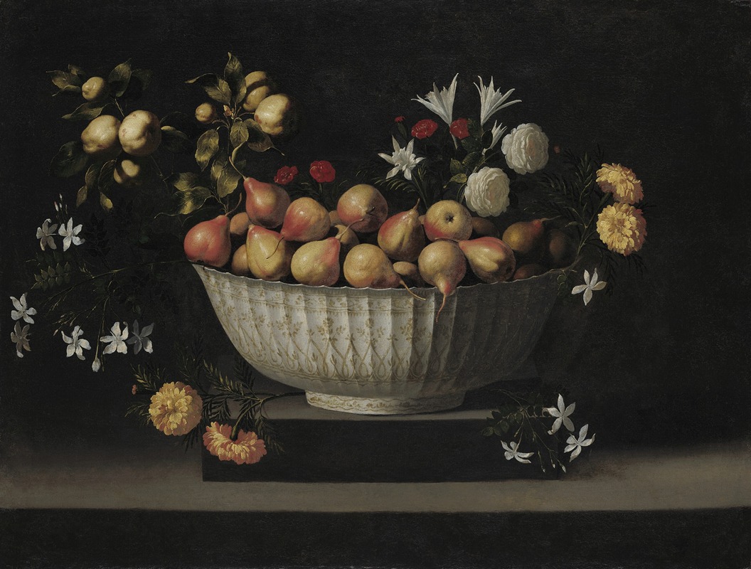 Still life of flowers and fruit in a bowl, oil on canvas by Juan de Zurbarán