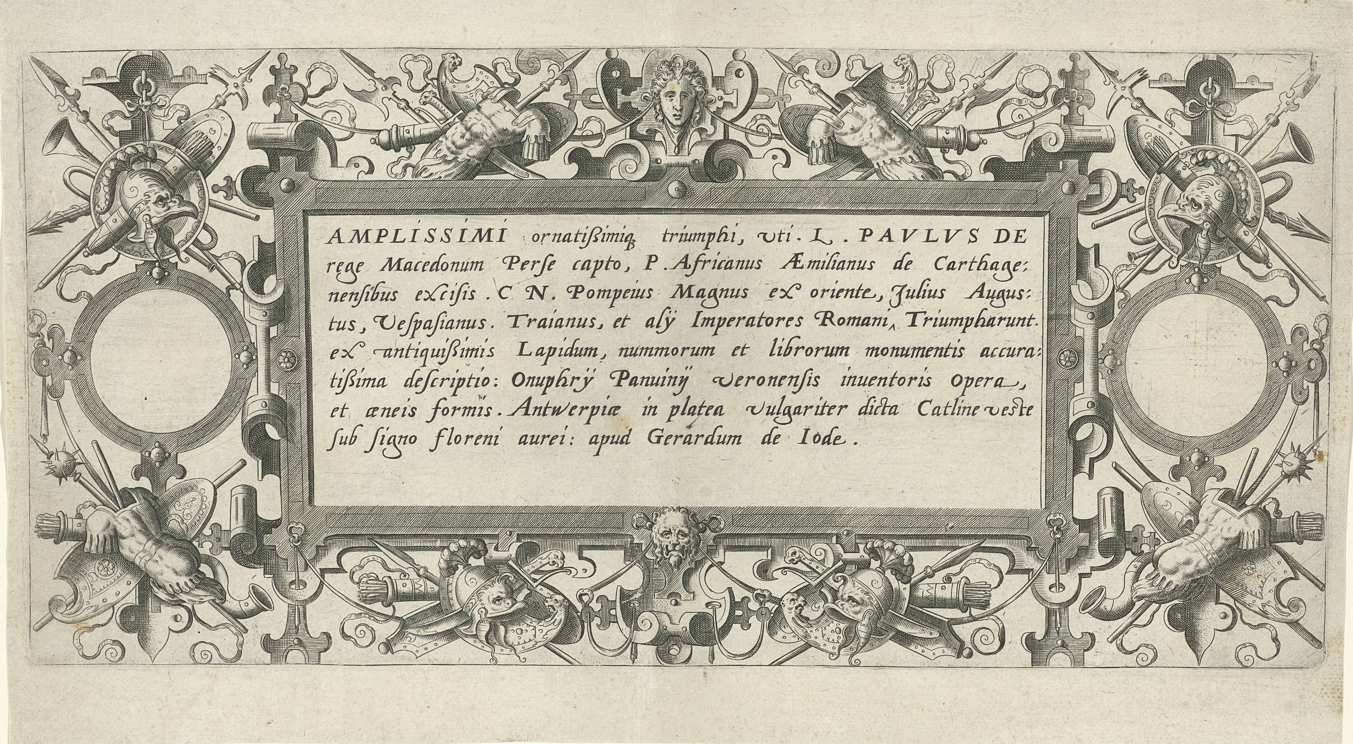 Engraving by Gerard de Jode depicting Roman triumphs with intricate figures