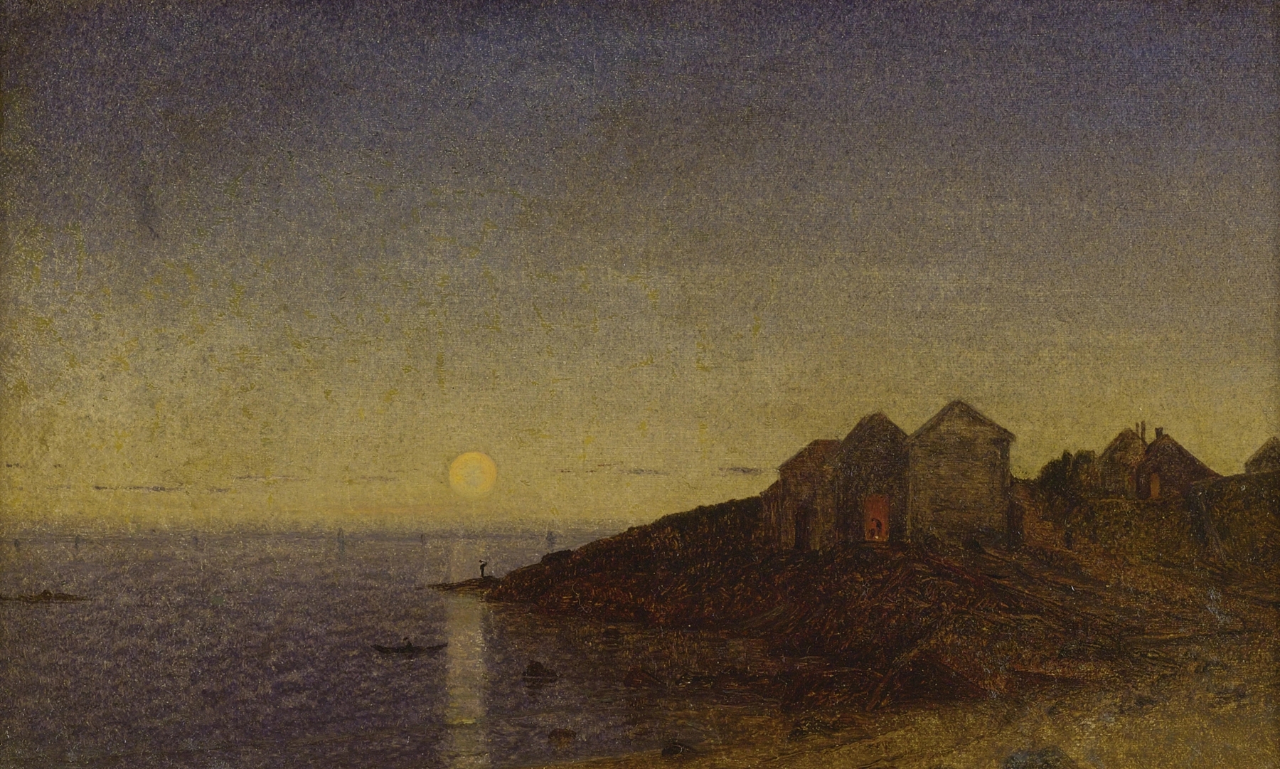 Moonlight by James Augustus Suydam, oil on canvas depicting a tranquil landscape under moonlight.