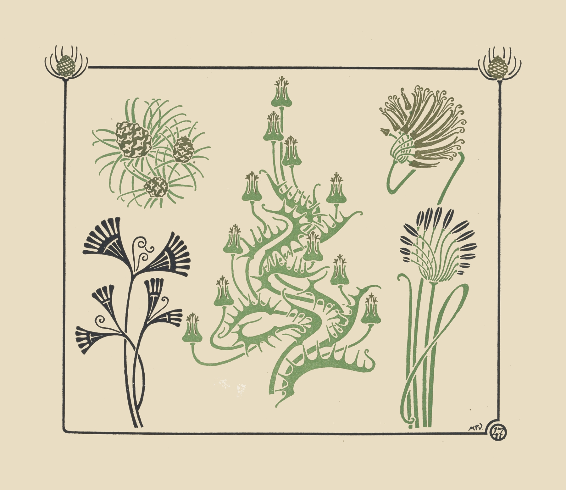 Abstract design based on flowers and pinecones, by Maurice Pillard Verneuil, public domain