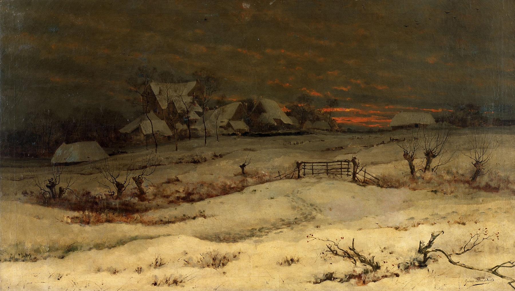 Winter landscape with sunset, oil on canvas by Gustave Den Duyts