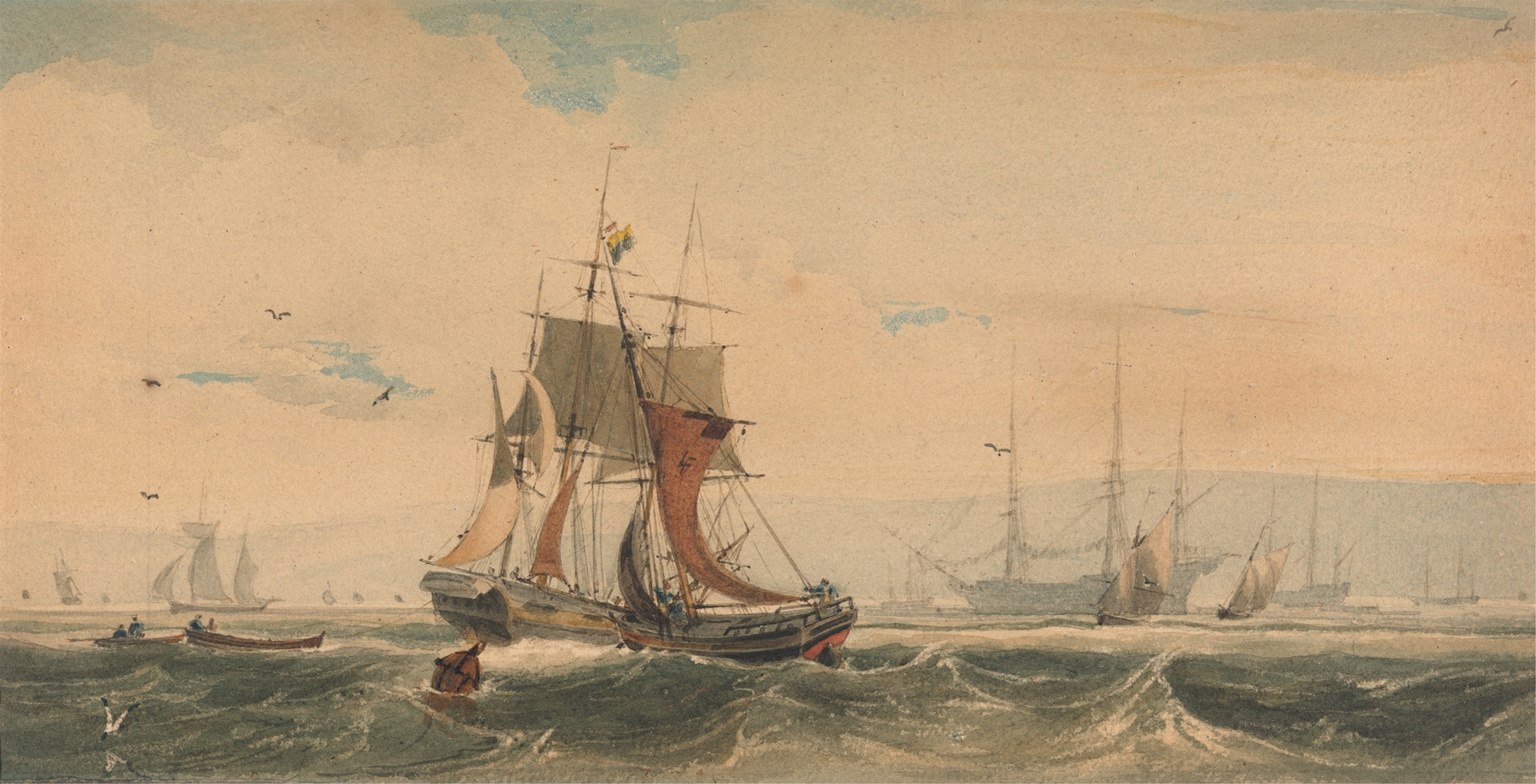 Shipping on the Medway, Kent by François Louis Thomas Francia, oil on canvas depicting a tranquil river with boats
