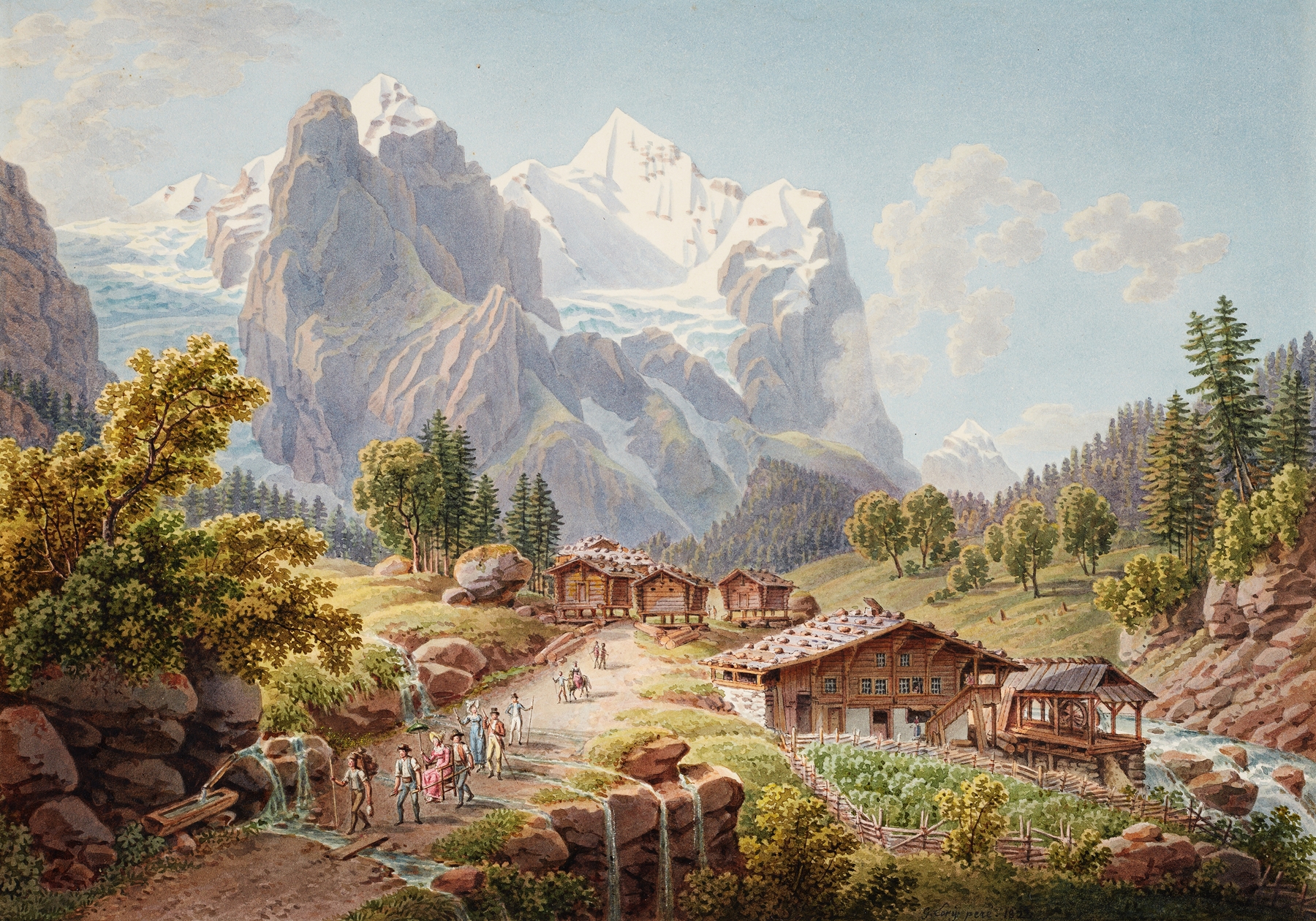Landscape of icy mountains and glaciers, oil painting by Gabriel Lory the older