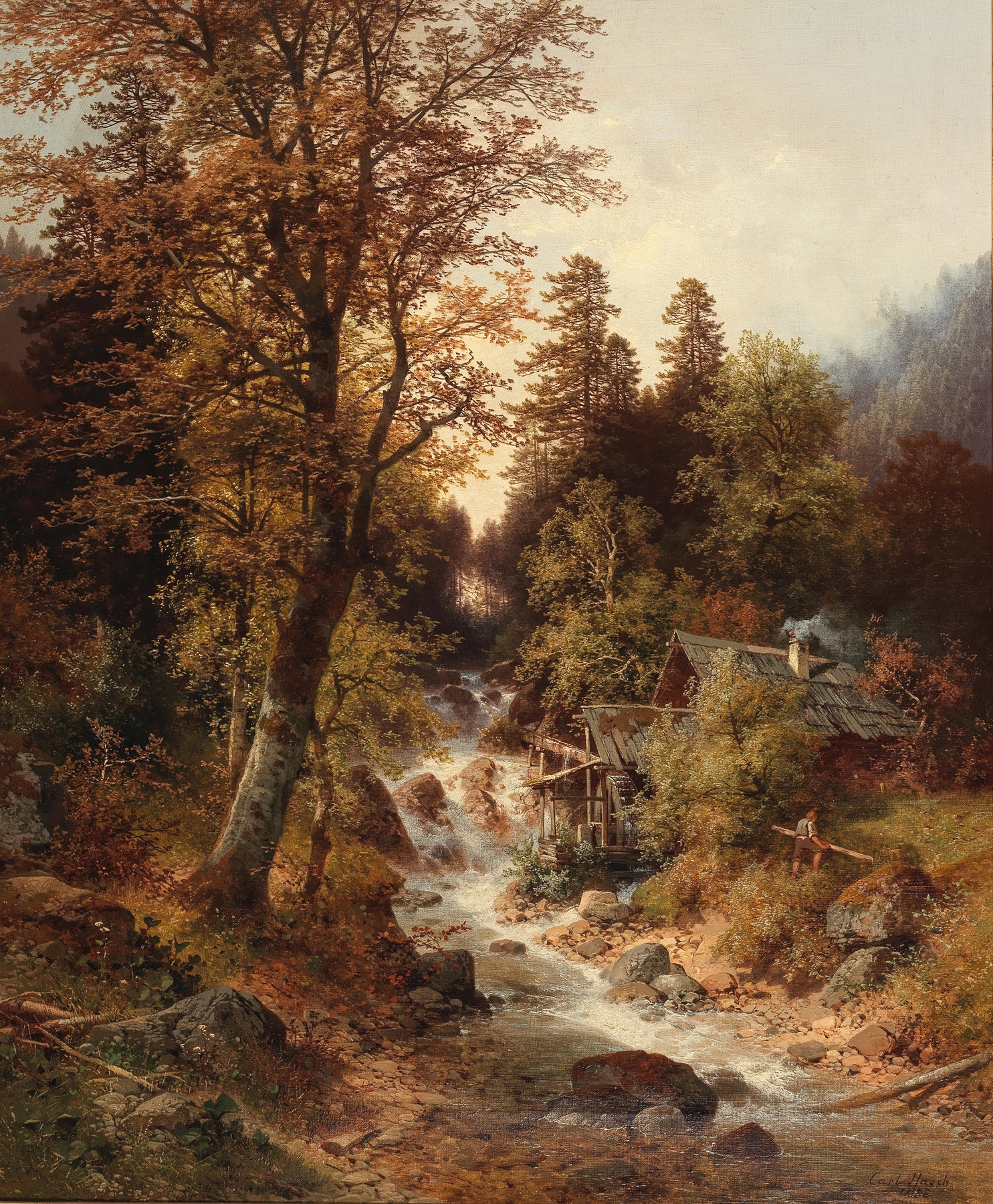 Landscape with a mill and river, oil painting by Carl Hasch