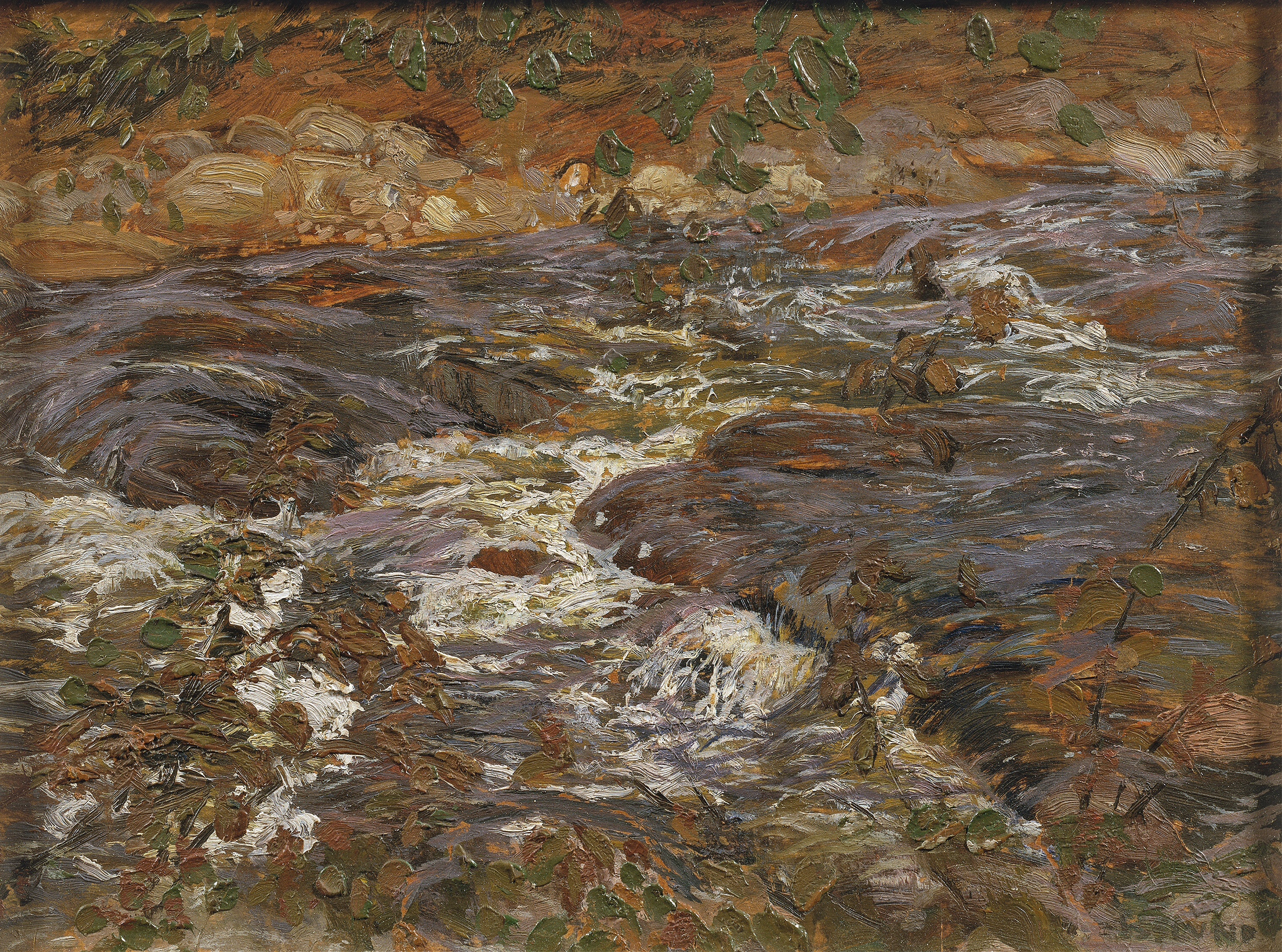 Cascading Brook by Helmer Osslund, impressionist oil painting depicting a rushing brook.