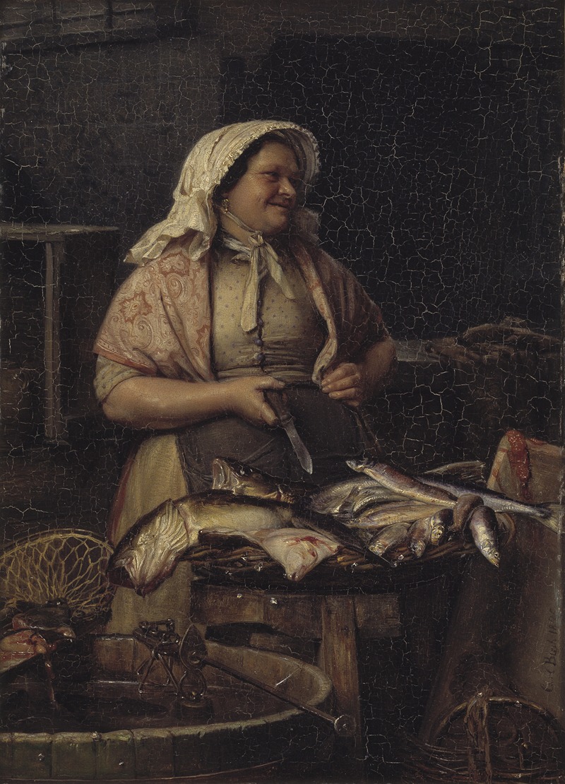 A woman selling fish in a bustling market scene.