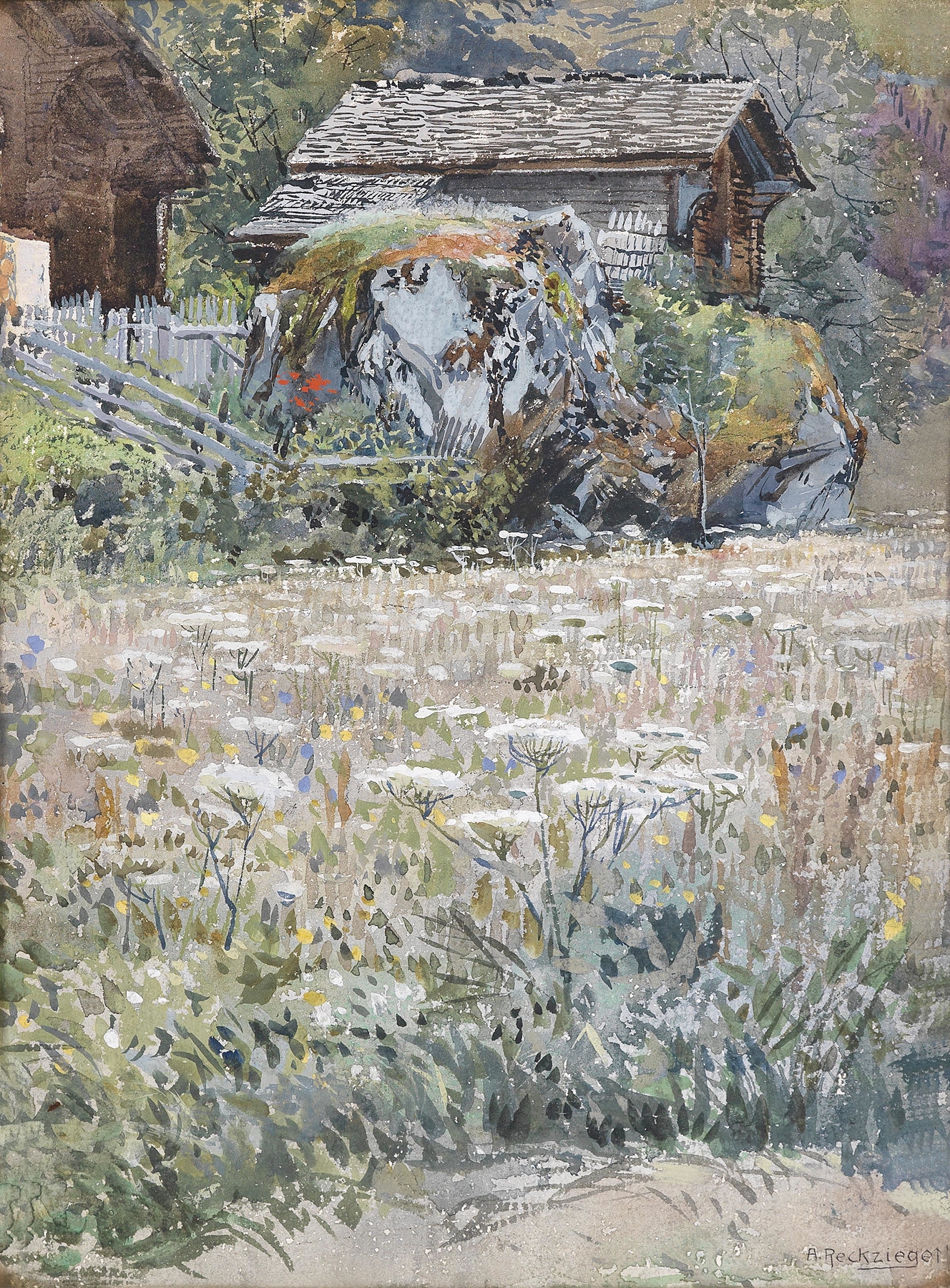 Wildflowers in a vibrant landscape, oil painting by Anton Reckziegel