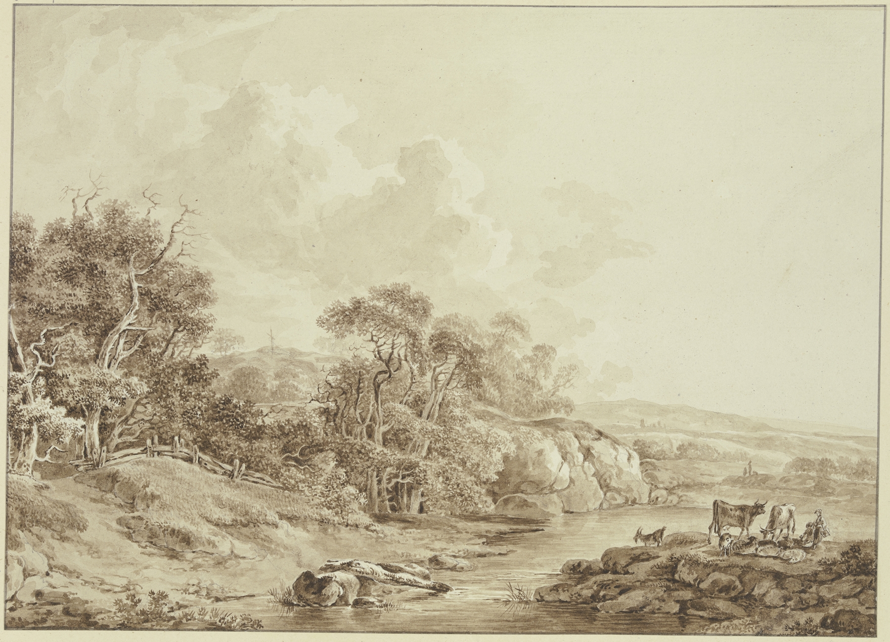 Landscape with brook and cattle by Johann Heinrich Wüest, oil painting