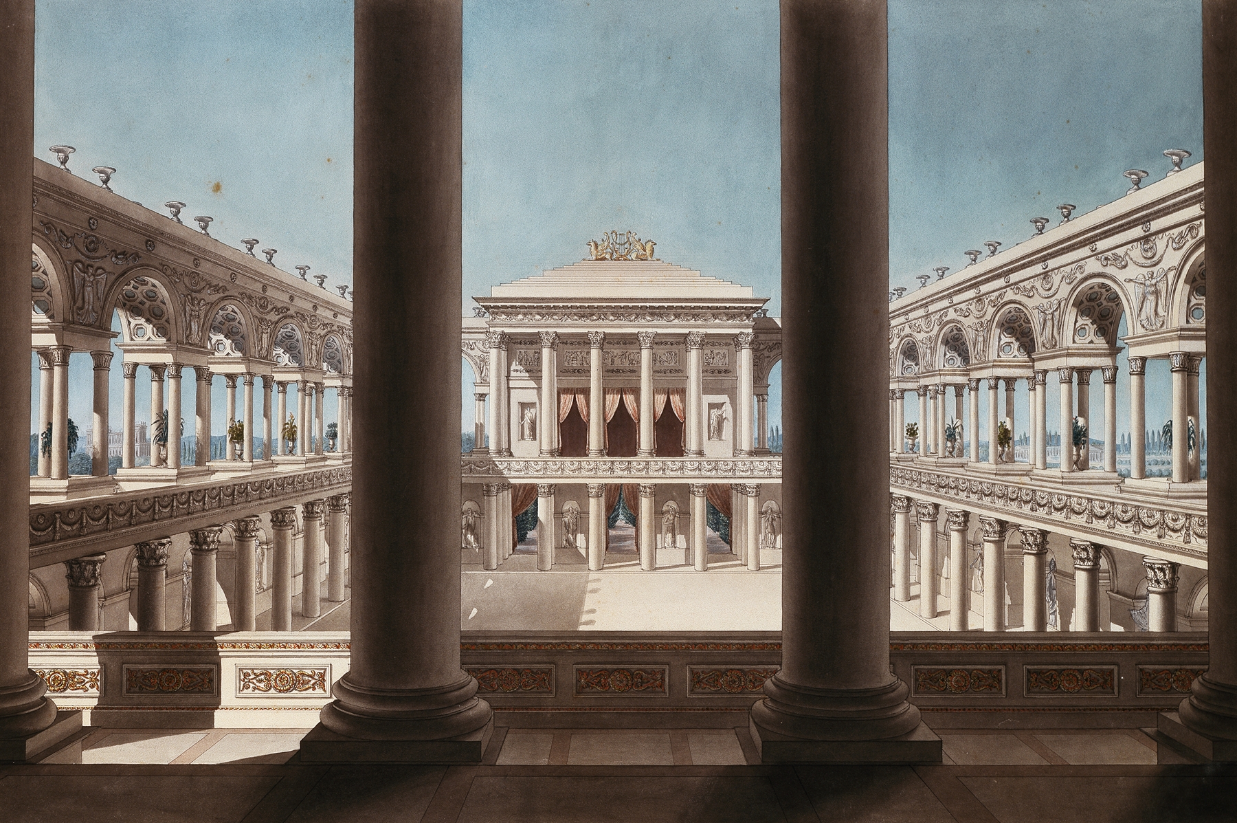 Renaissance architecture with columns in a sunlit courtyard by Giorgio Fuentes