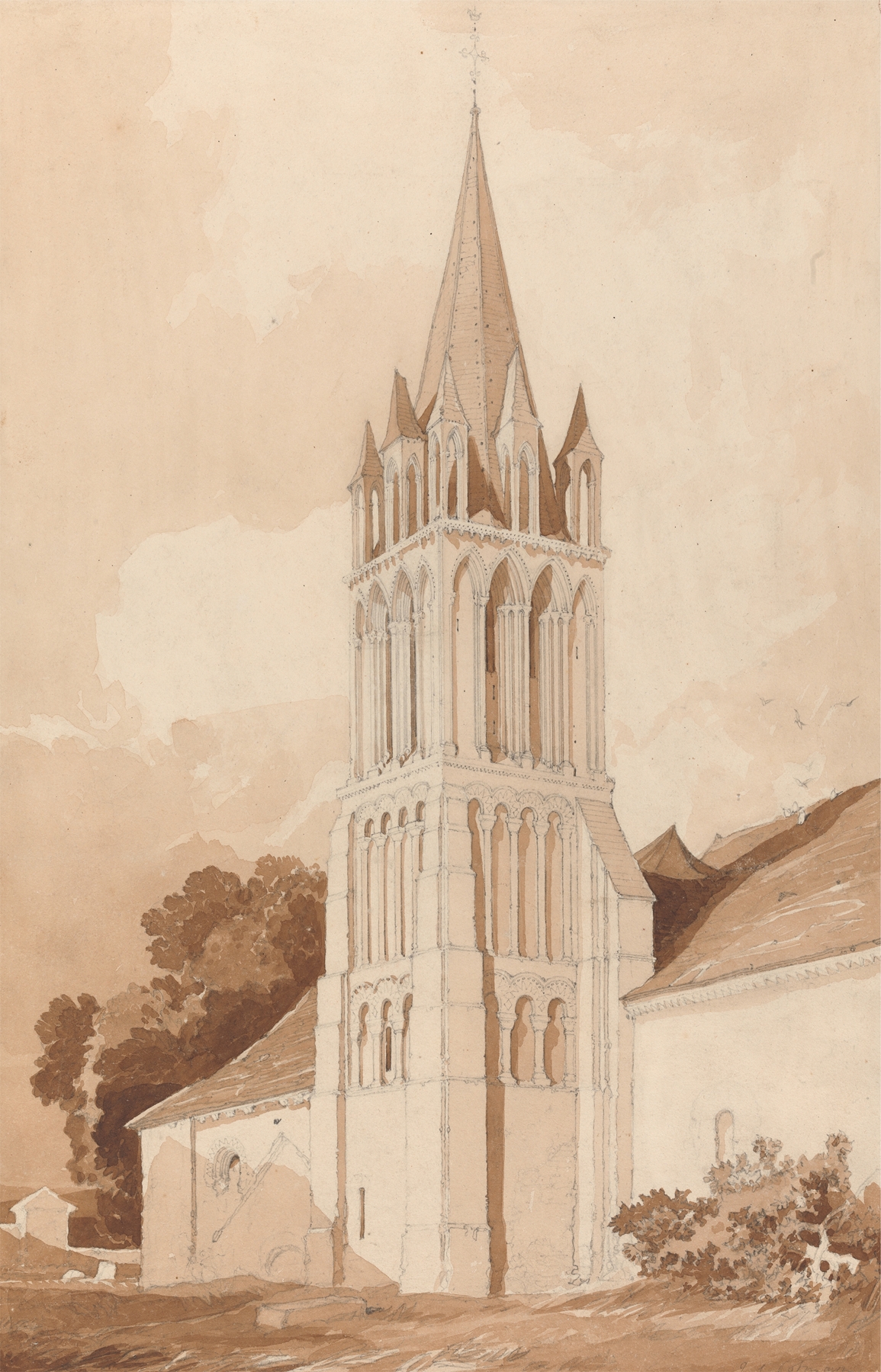 South-East View of the Church of Ifs, Near Caen, Normandy, by John Sell Cotman, public domain