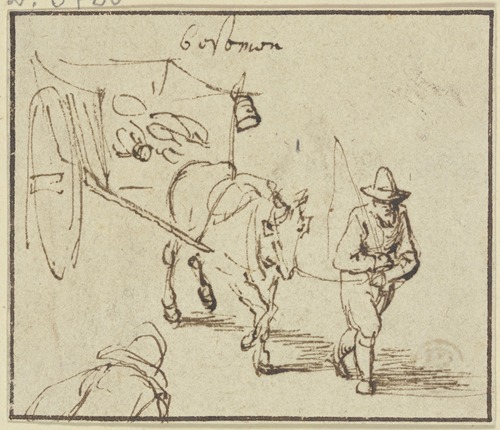A painting depicting a one-horse carriage in a lively scene.