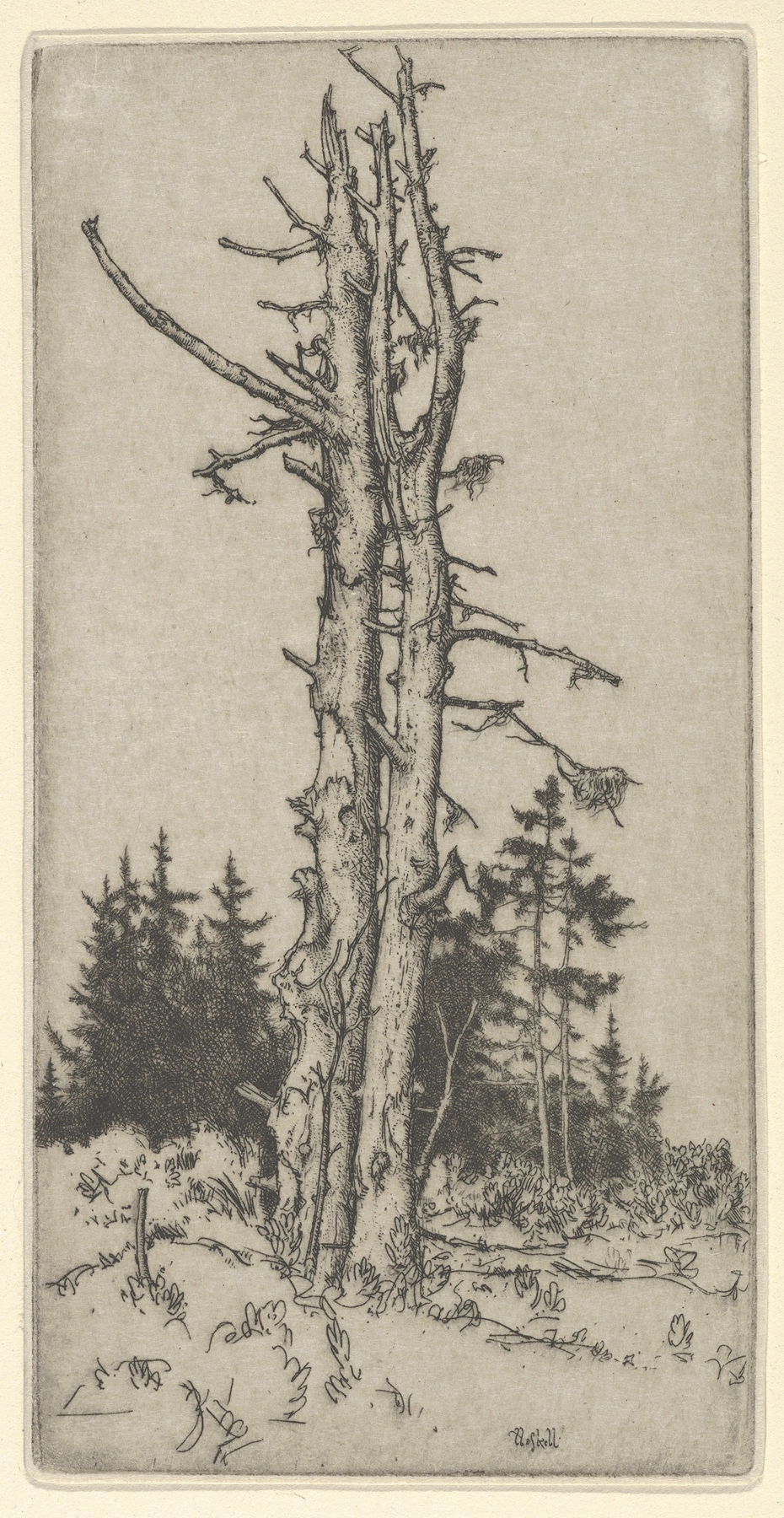 Etching by Ernest Haskell depicting haunting figures and shadows