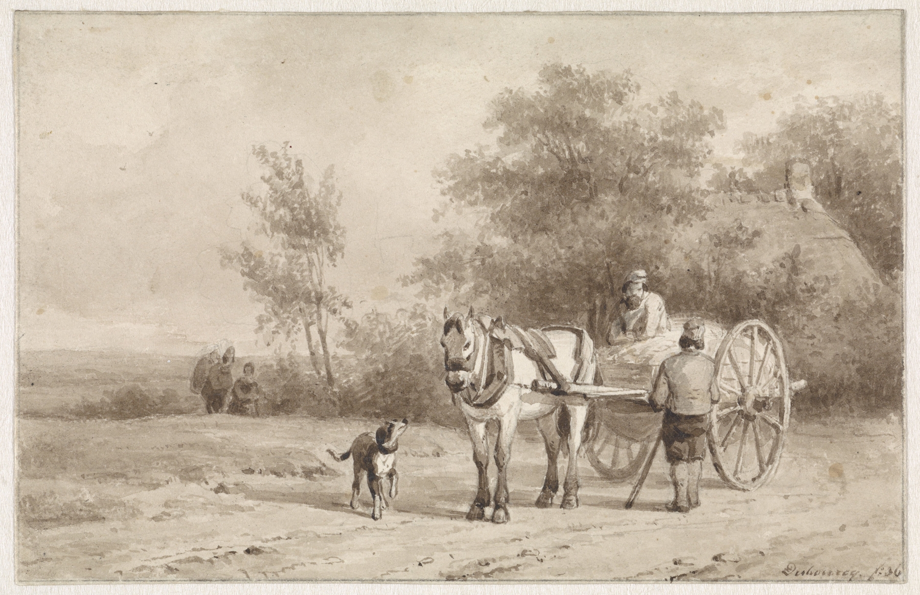 Horse and cart on a road, oil on canvas by Pierre Louis Dubourcq