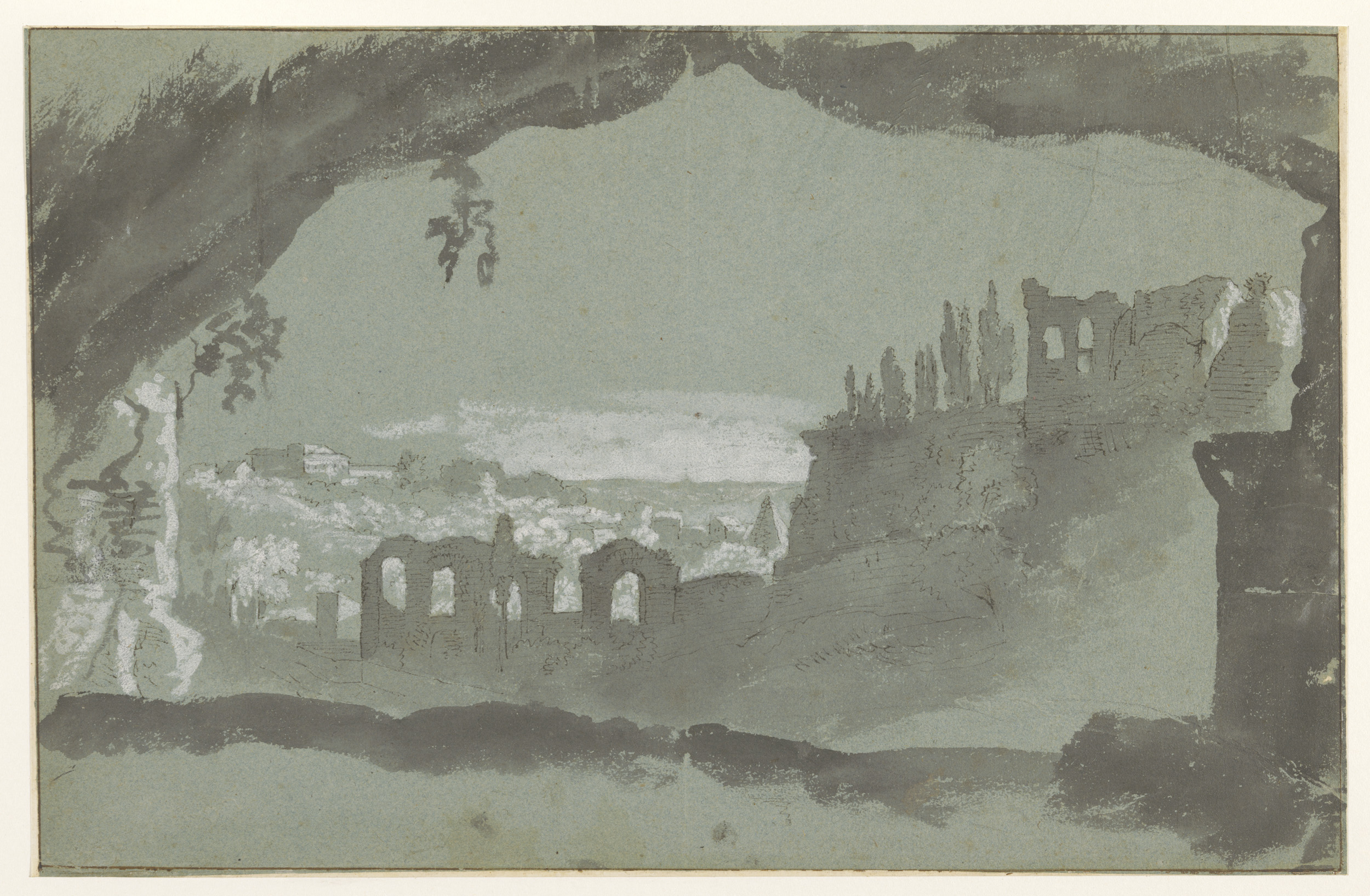 Landscape of ruins with columns and archways, oil painting by Unknown Artist