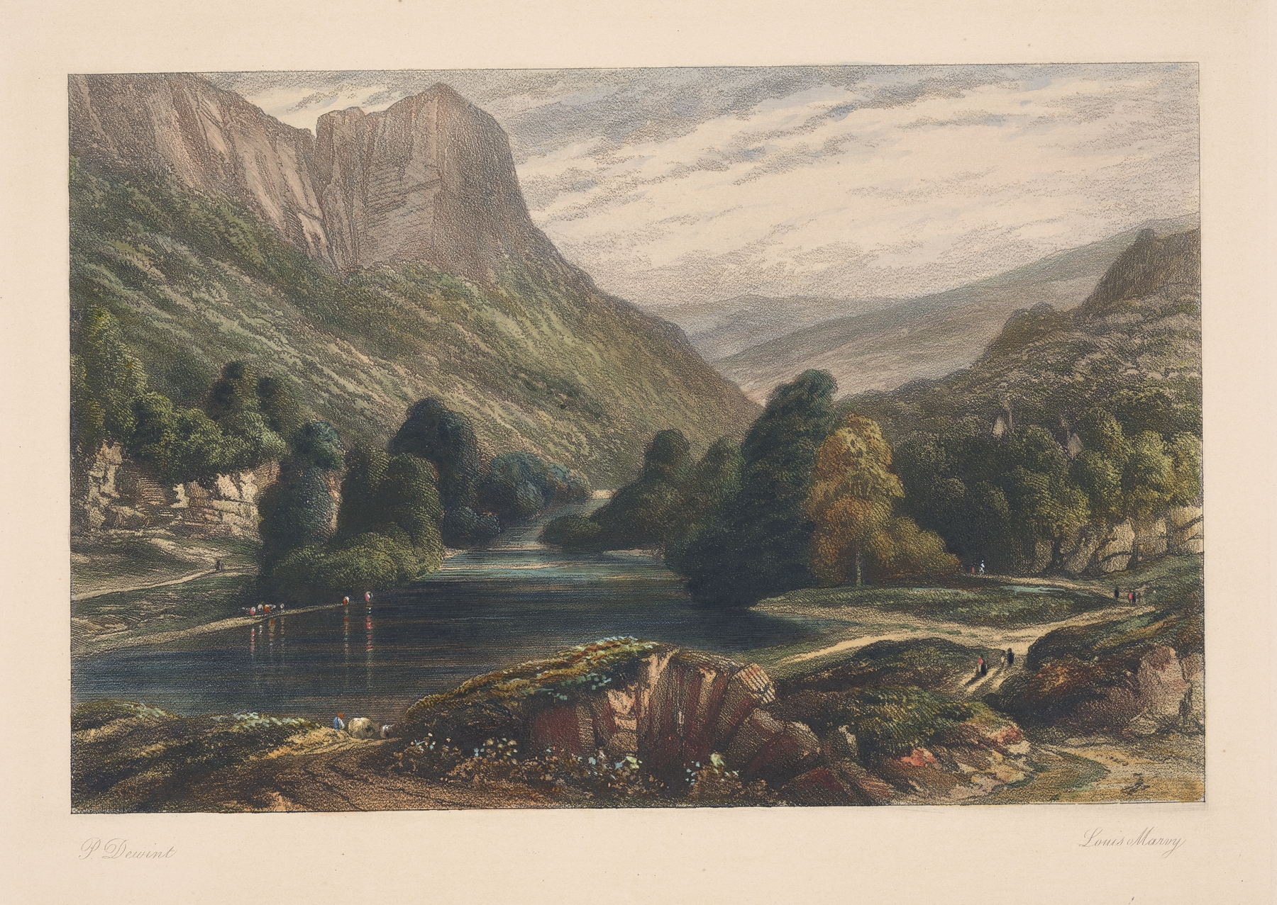 Landscape with Mountain Lake by Louis Marvy, oil painting showing a lake and distant mountains.