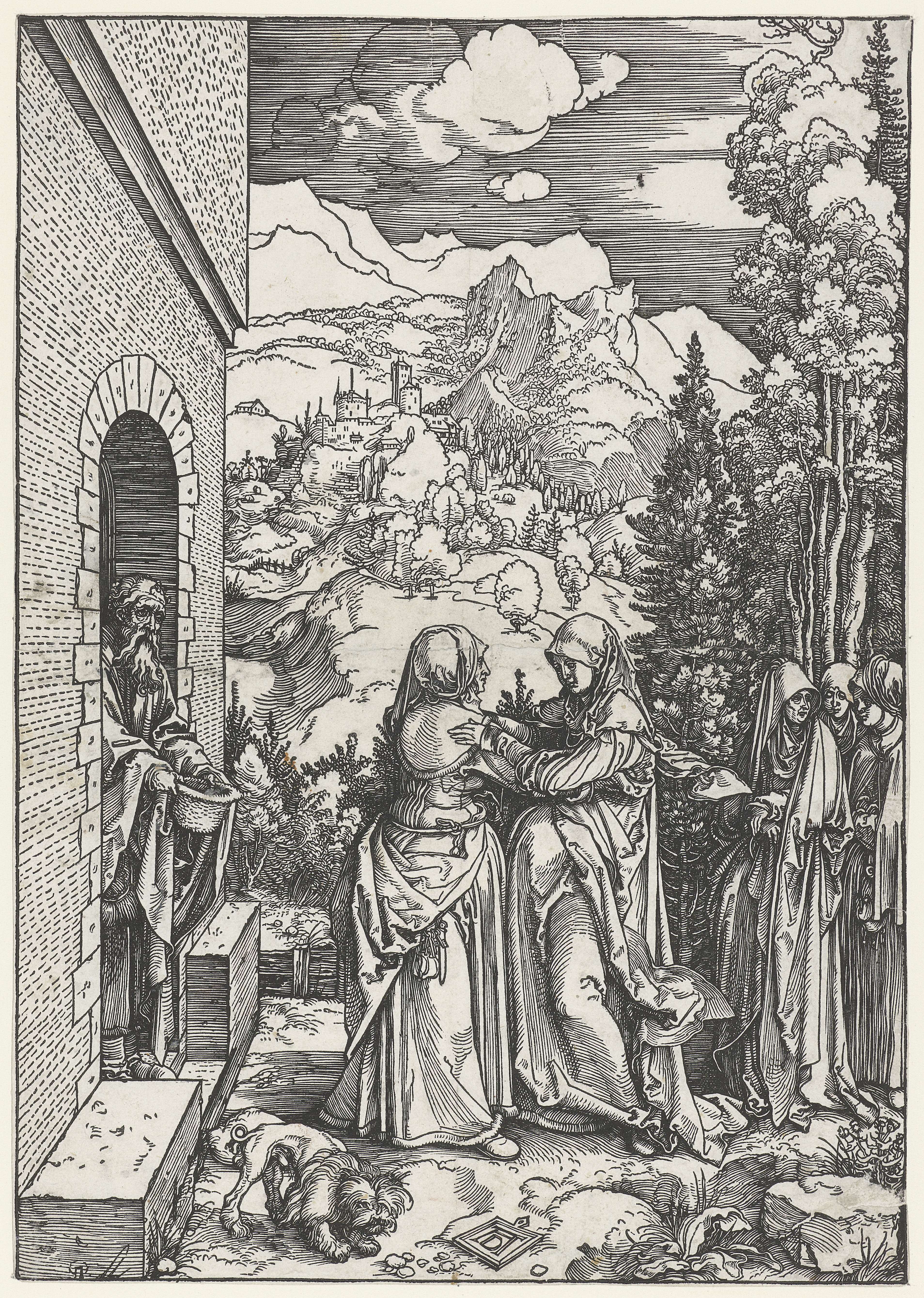 Religious scene of two women in communion, paper artwork by Albrecht Dürer