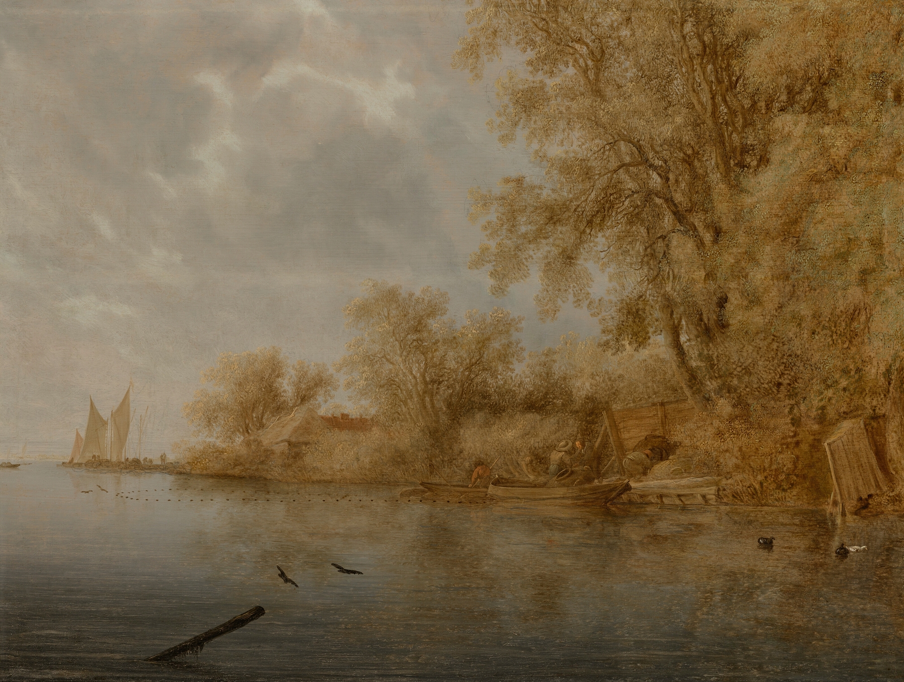 A riverbank scene with fishermen and their nets, oil painting by Salomon van Ruysdael