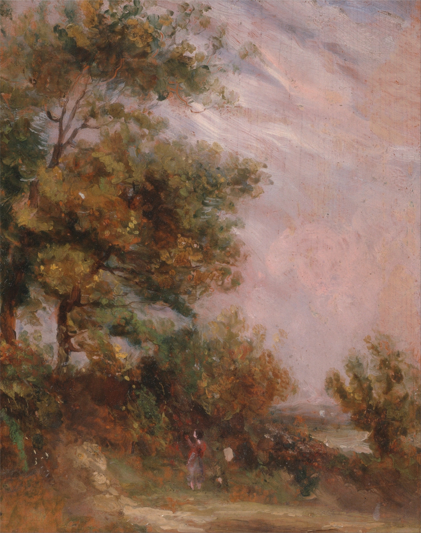 Landscape with Trees and a Figure by Thomas Churchyard, oil on canvas depicting a figure in a forest.
