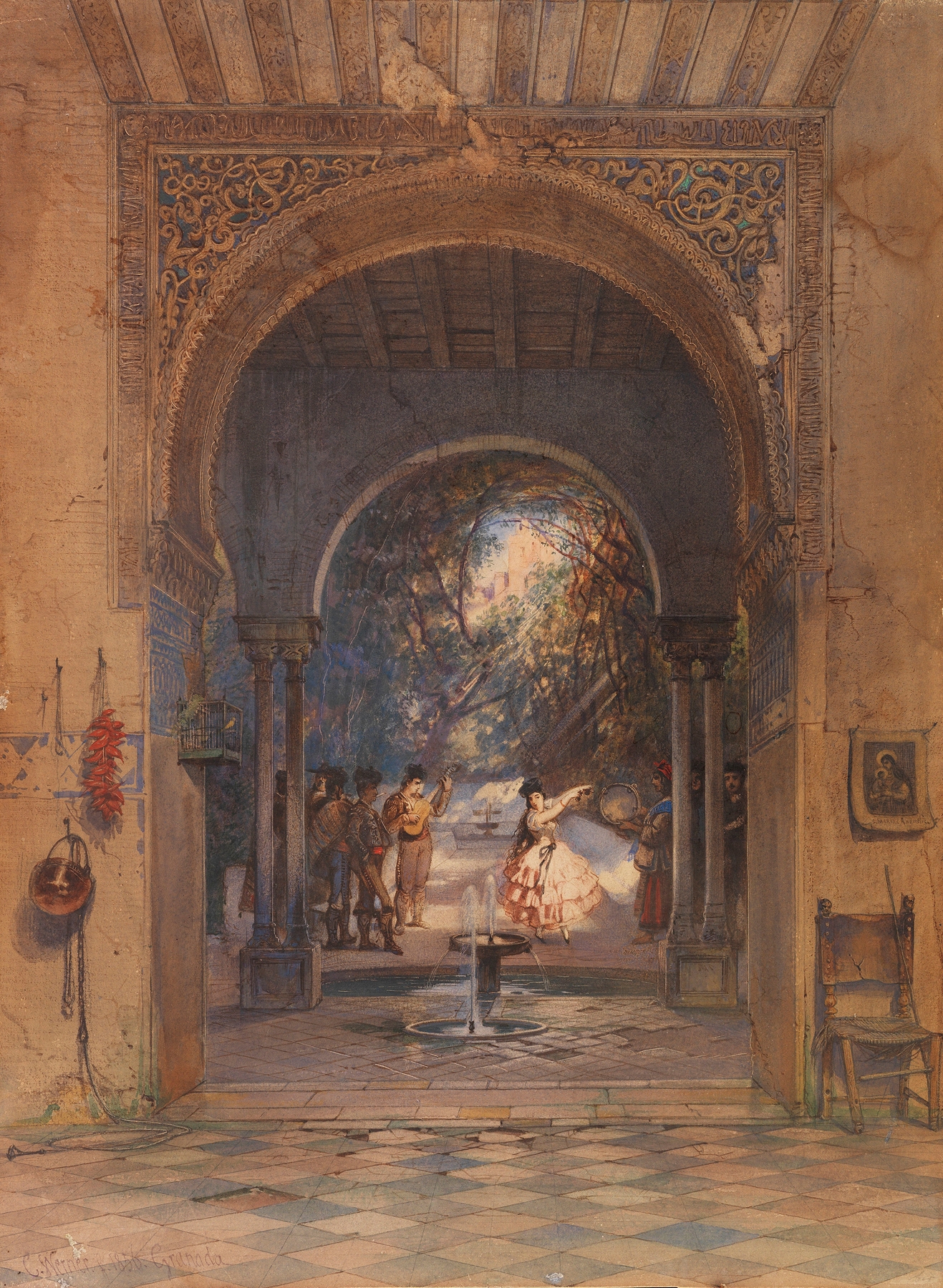 Figurative oil painting by Carl Friedrich Heinrich Werner depicting a dancer in traditional dress.