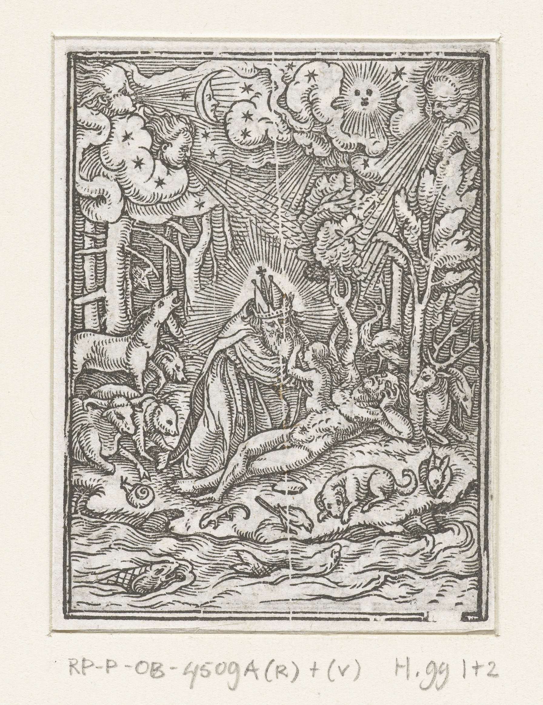 Etching by Hans Holbein II depicting Eve emerging from darkness with light.