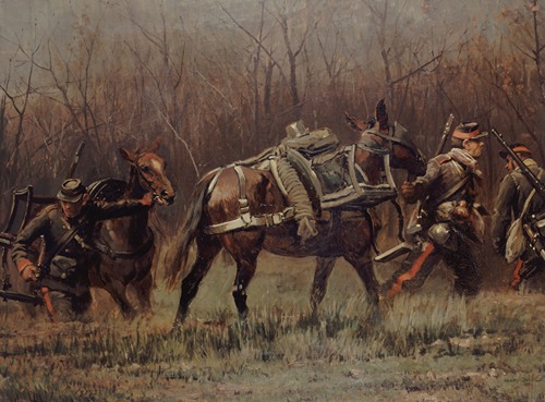 A military scene depicting soldiers guiding mules with ambulances.