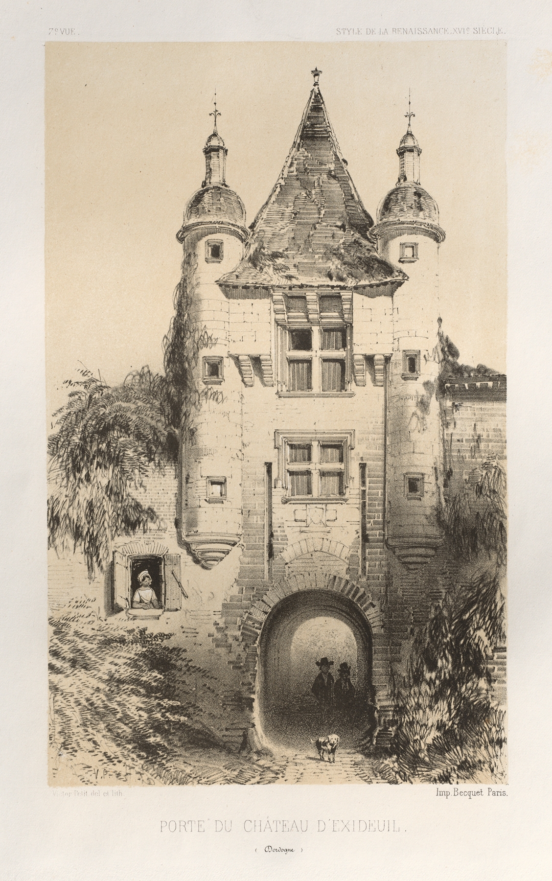 Porte du Chateau d’Exideuil by Victor Petit, depicting an archway in warm light, medium unknown.