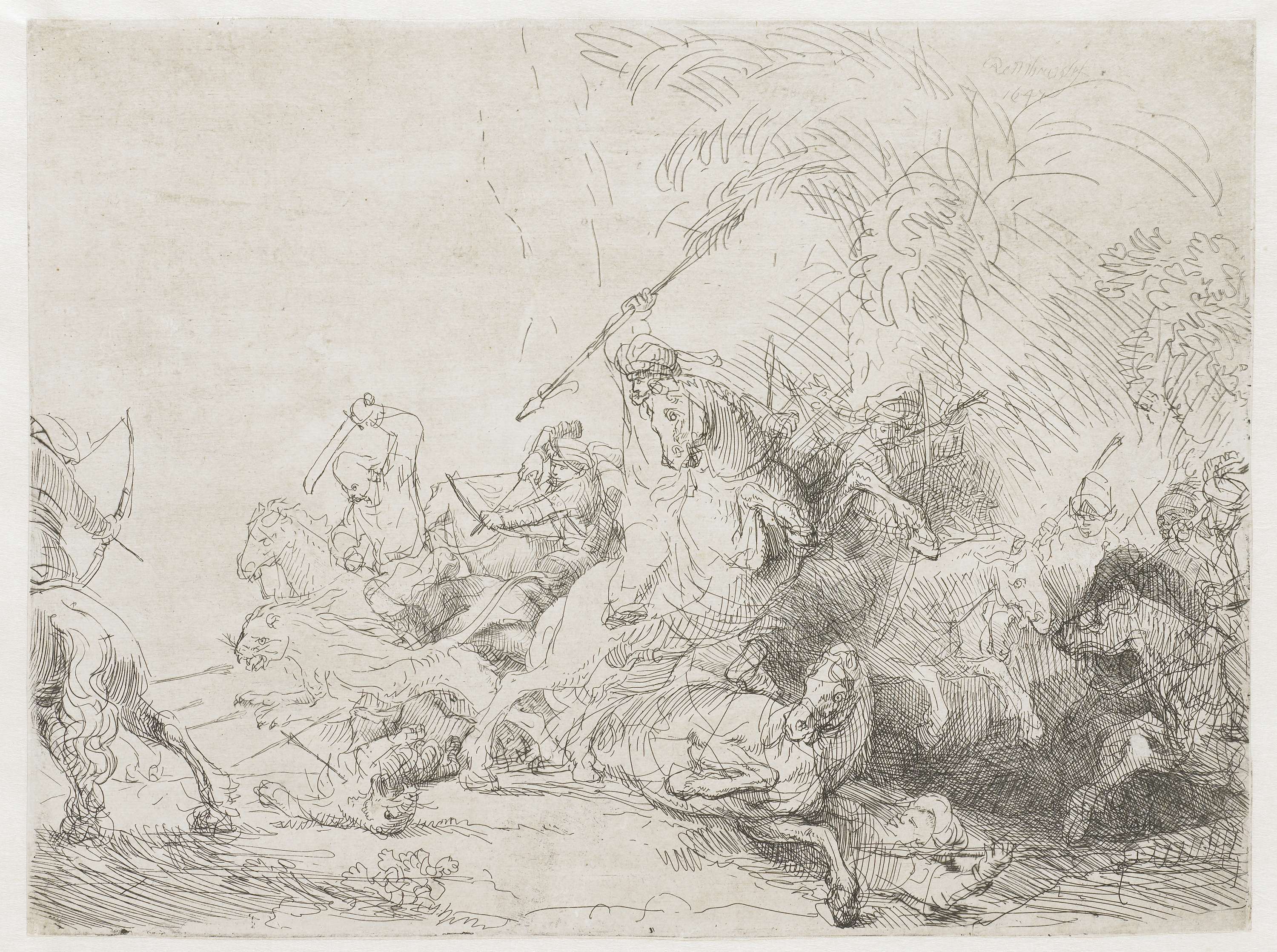 Etching by Rembrandt van Rijn depicting a lion and hunters in The Large Lion Hunt