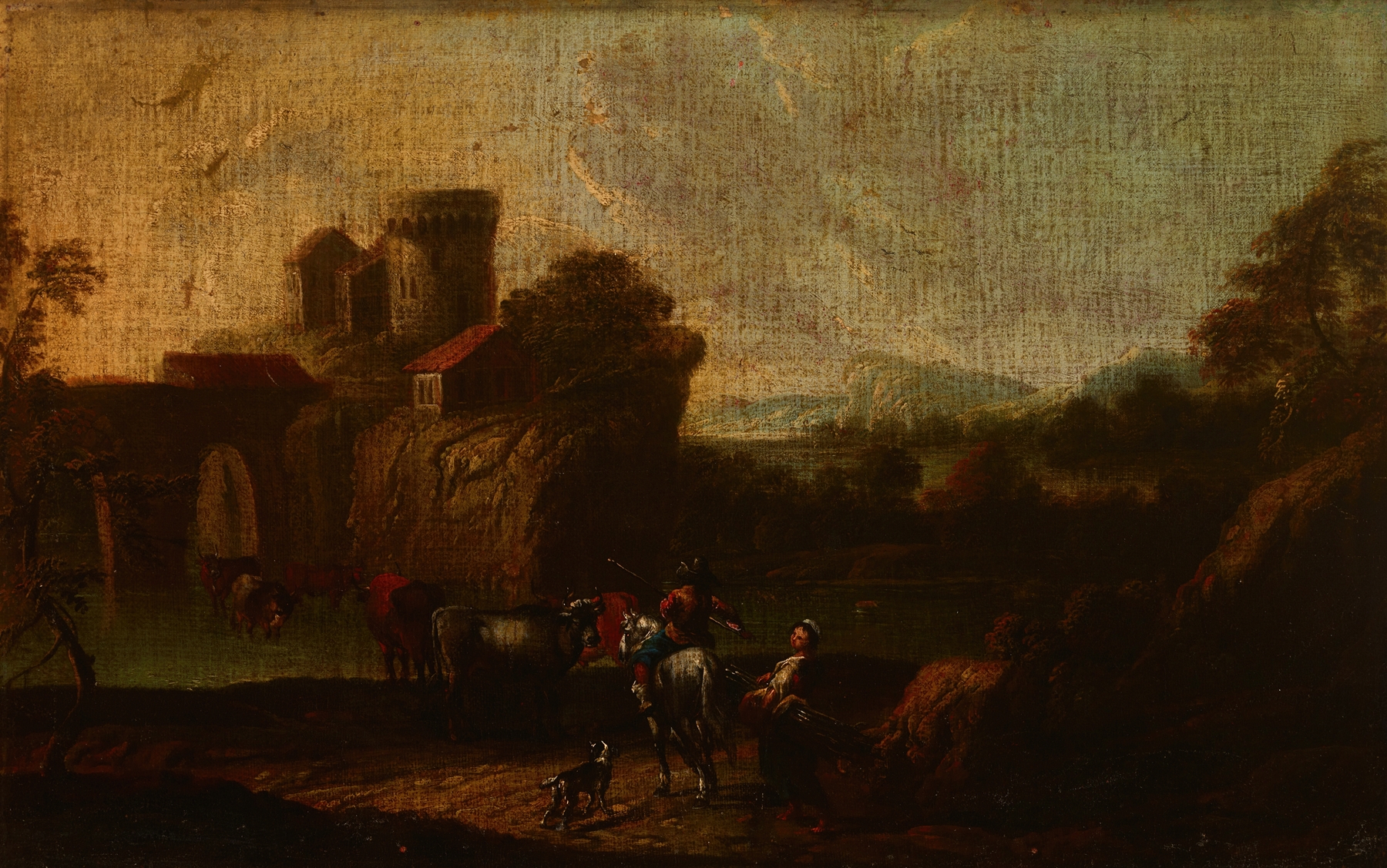 Landscape by Cornelis Thim, oil on canvas depicting fields and a sunset.