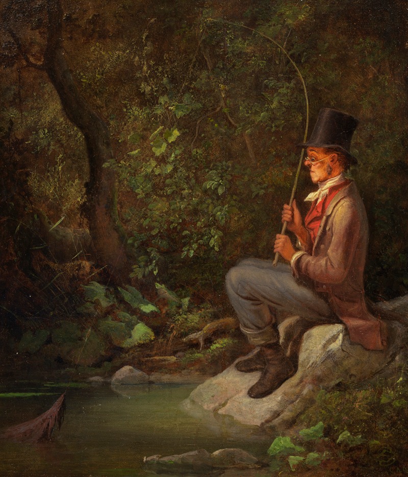A serene scene of a fisherman by a forest stream.
