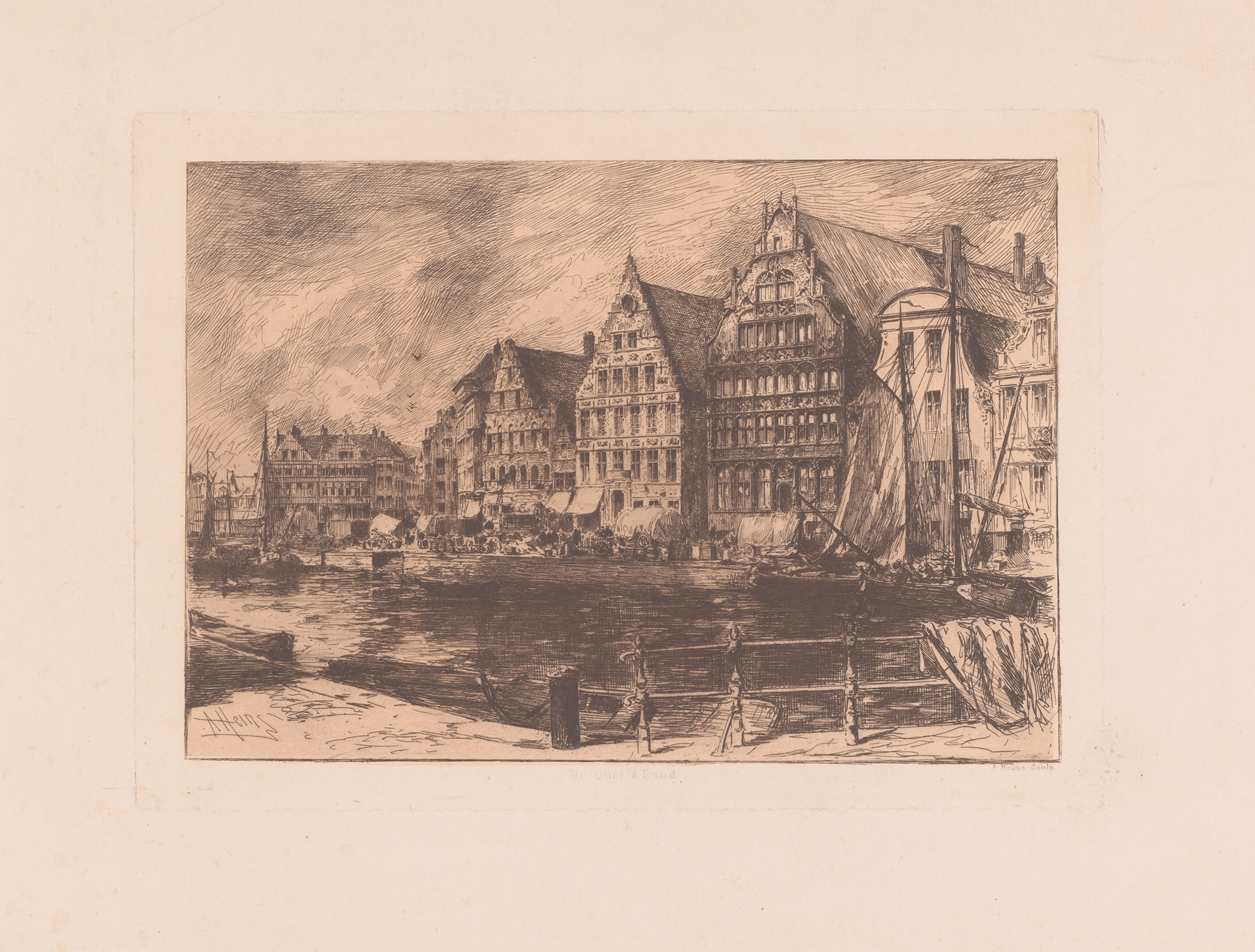 Landscape of Gezicht op de kade in Gent by Armand Heins, oil painting depicting water and reflections.