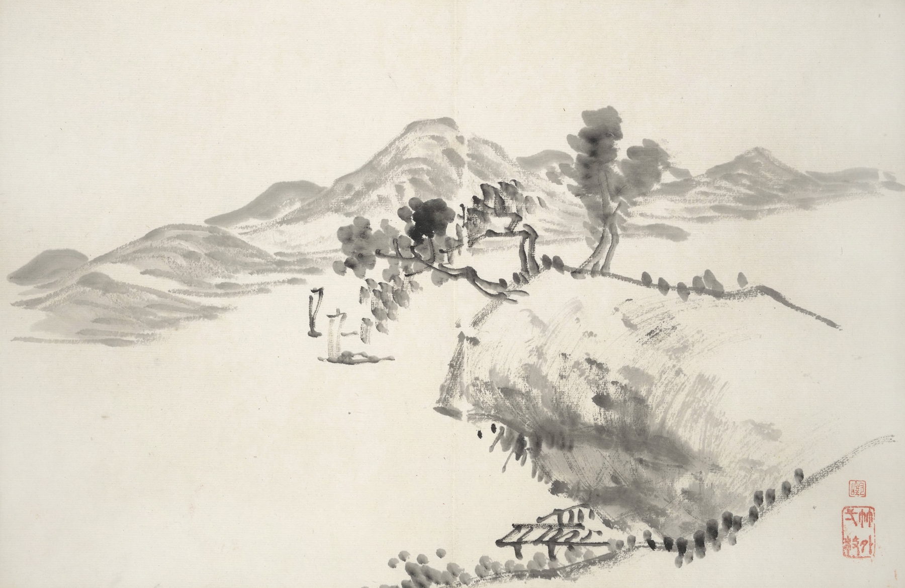 Ink on paper by Hine Taizan depicting a butterfly and flora