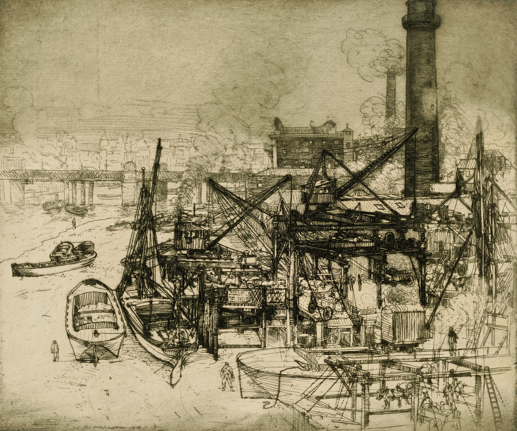 Chimneys and Cranes on the Thames by Donald Shaw MacLaughlan, oil on canvas depicting a river landscape with industry