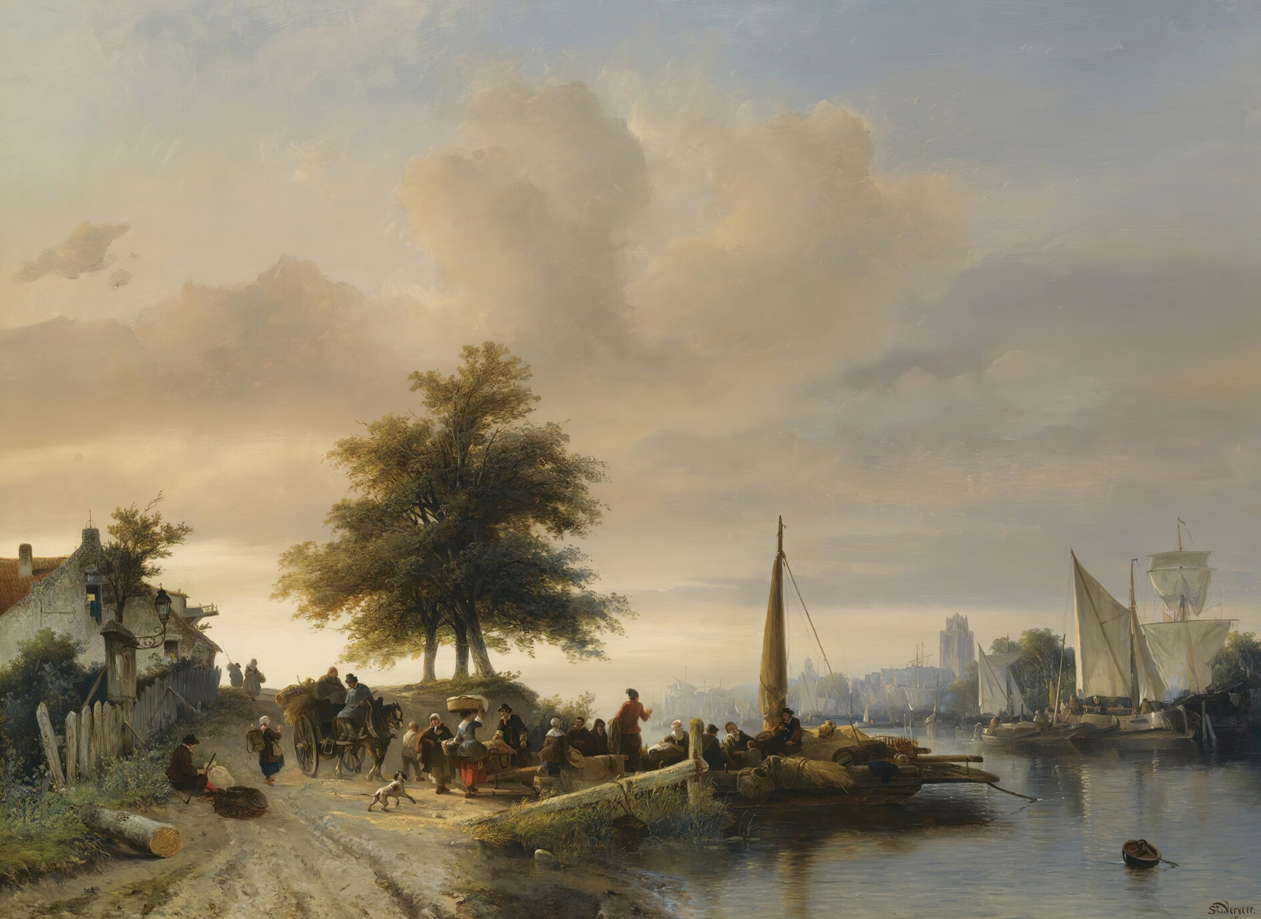 The Ferry On The Maas Near Dordrecht, oil on canvas by Salomon Leonardus Verveer