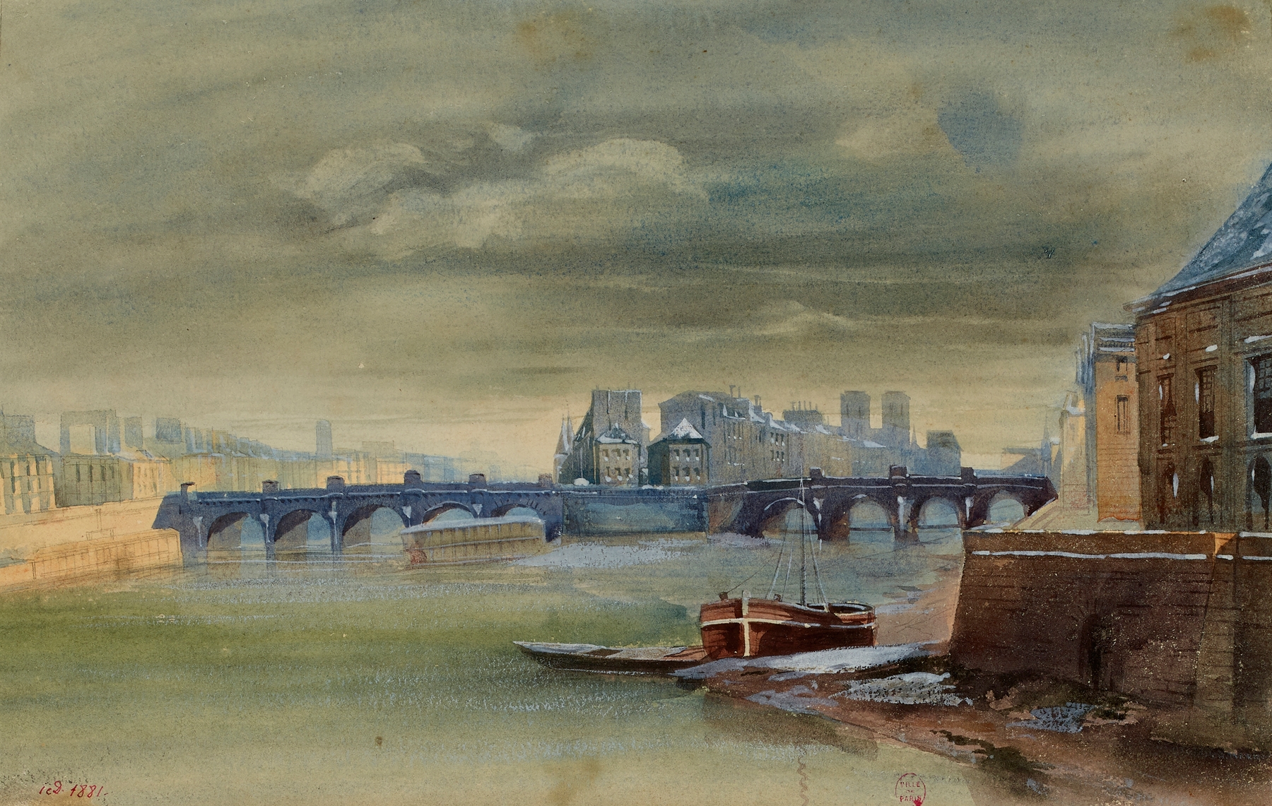 Landscape oil painting by Henri Jean Baptiste Levis depicting Pont Neuf and the Institut de France