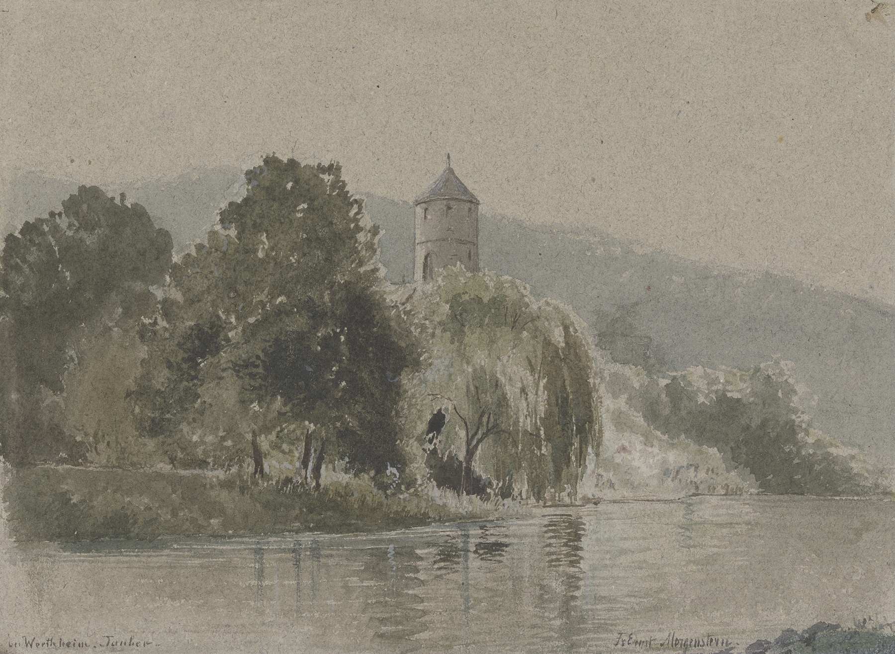 Oil painting by Friedrich Ernst Morgenstern depicting a tranquil river landscape at twilight.