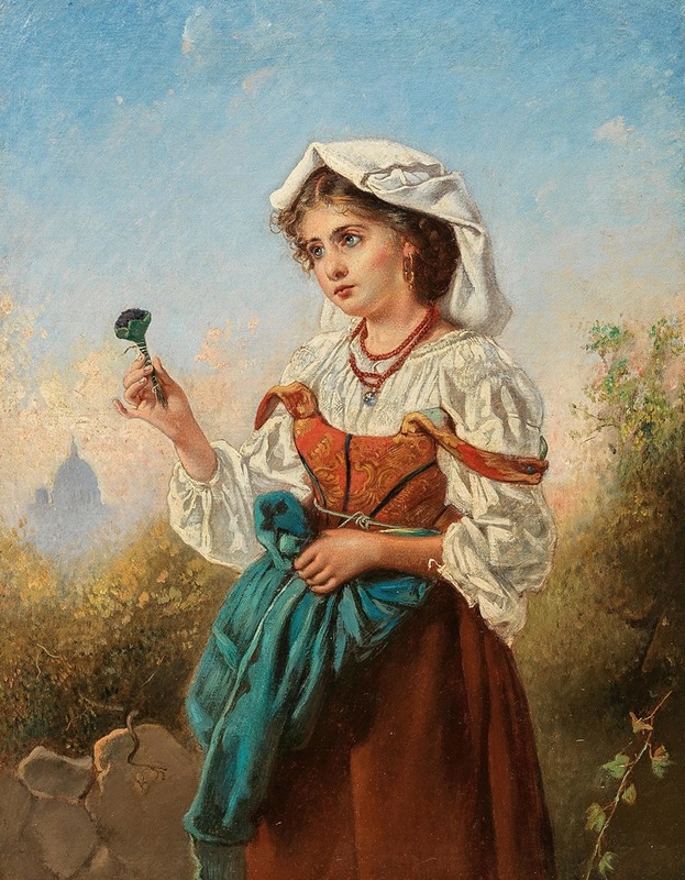A painting depicting an Italian violet seller with Rome in the background.