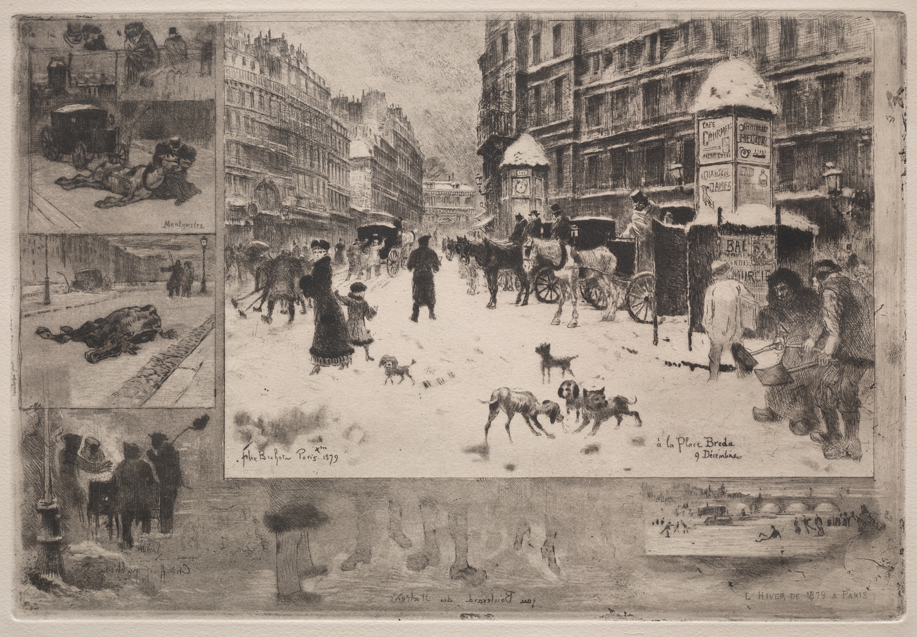 Winter in Paris by Félix Hilaire Buhot, oil painting depicting a snowy cityscape.
