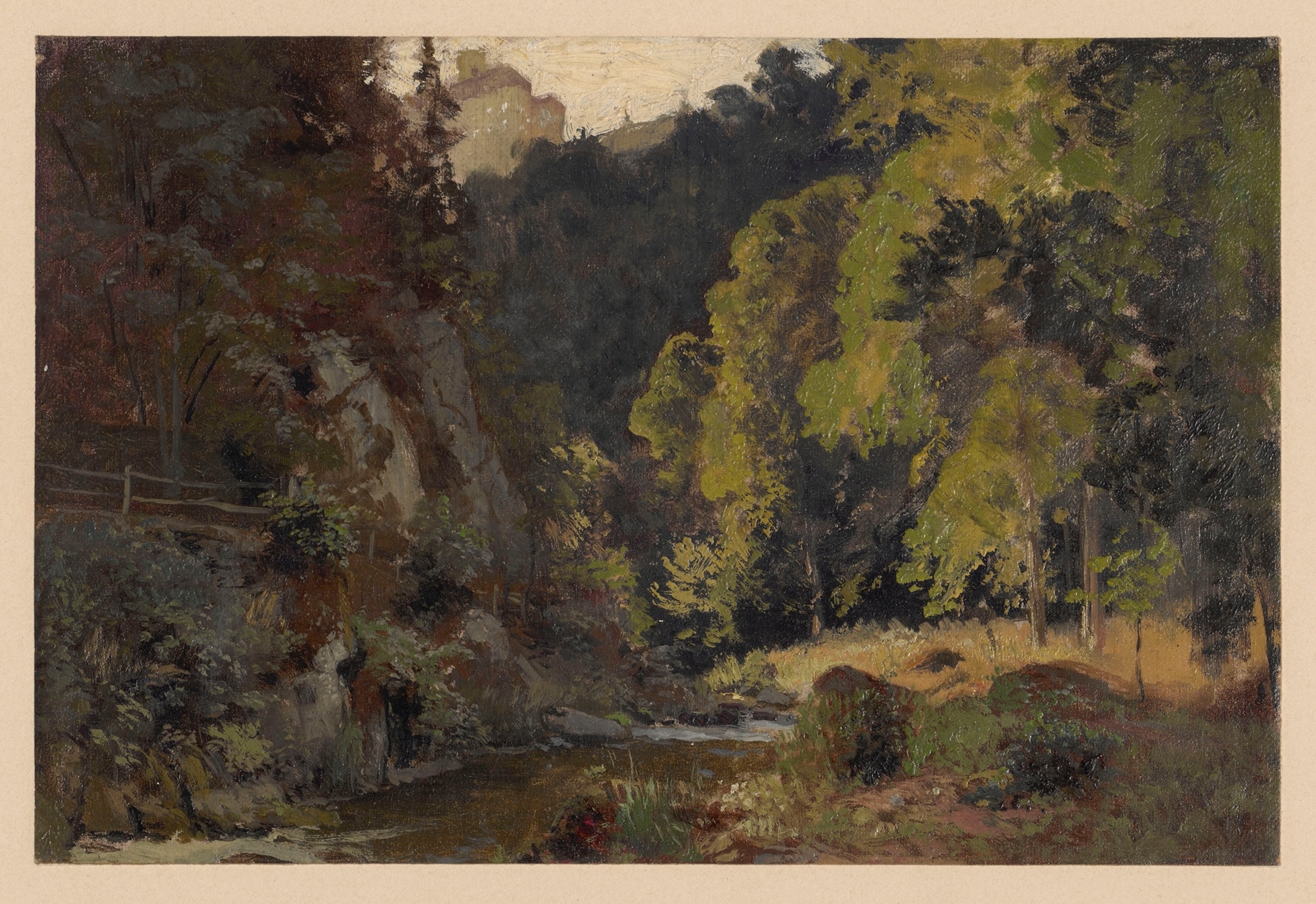 Landscape oil painting by Adolf Dressler depicting the Pełcznica valley and Książ Castle.