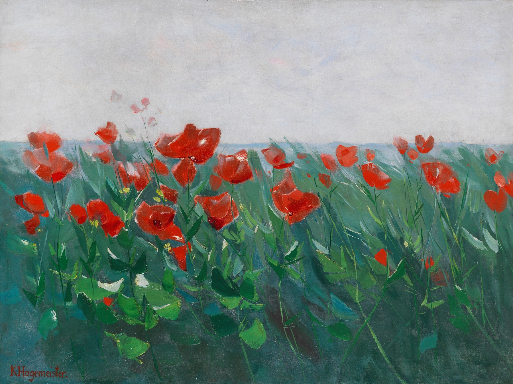 Roter Mohn am Seeufer by Karl Hagemeister, oil painting depicting poppies by a lake