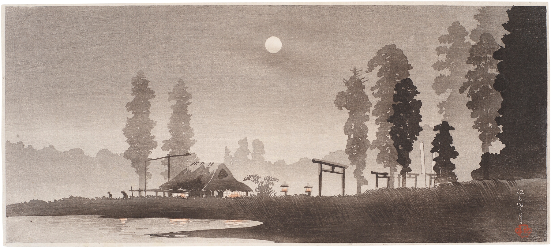 Woodblock print by Takahashi Hiroaki depicting Egoda's full moon reflecting on calm waters